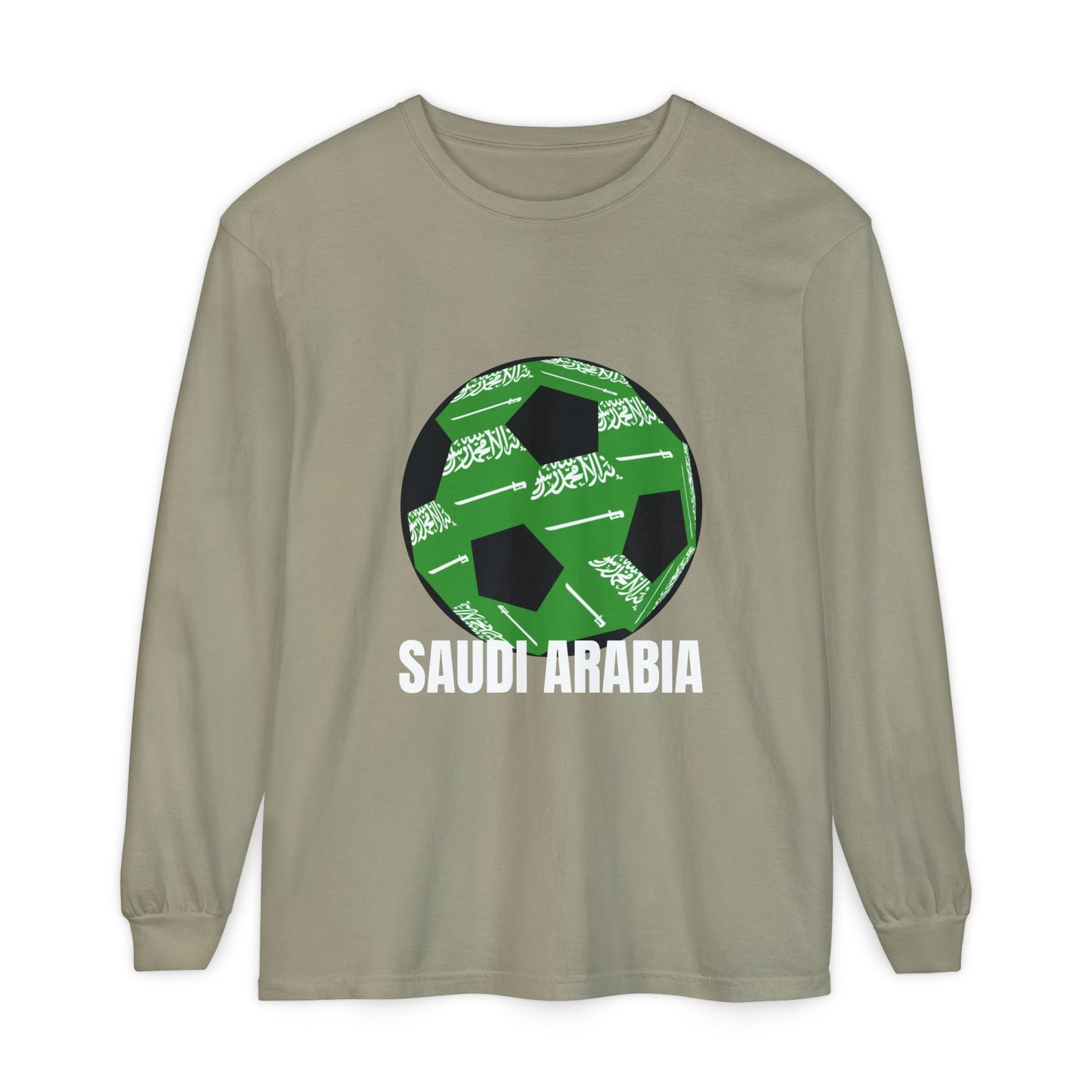 Saudi Arabia Fan Specialty Soccer Ball Design T Shirt Long Sleeve Tee White Text
