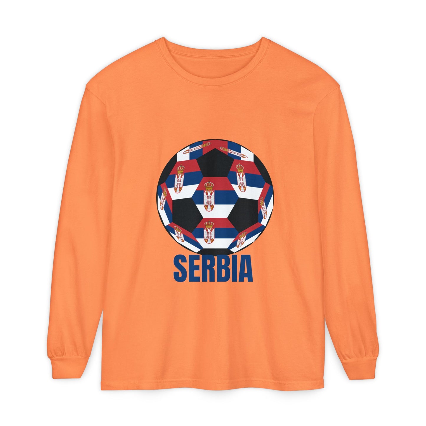 Serbia Fan Specialty Soccer Ball Design T Shirt Long Sleeve Shirt Blue Text