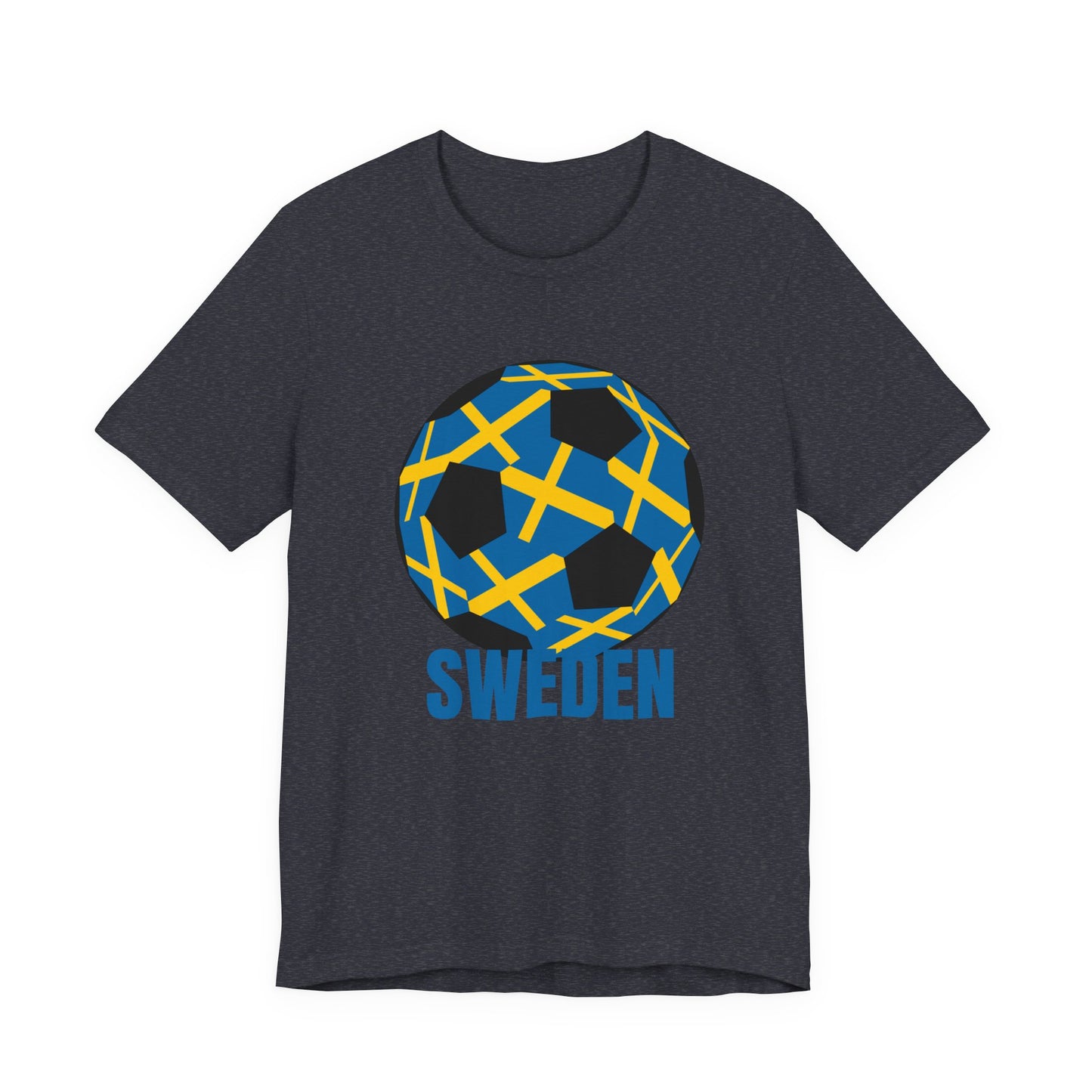 Sweden Fan Specialty Soccer Ball Design T Shirt Blue Text