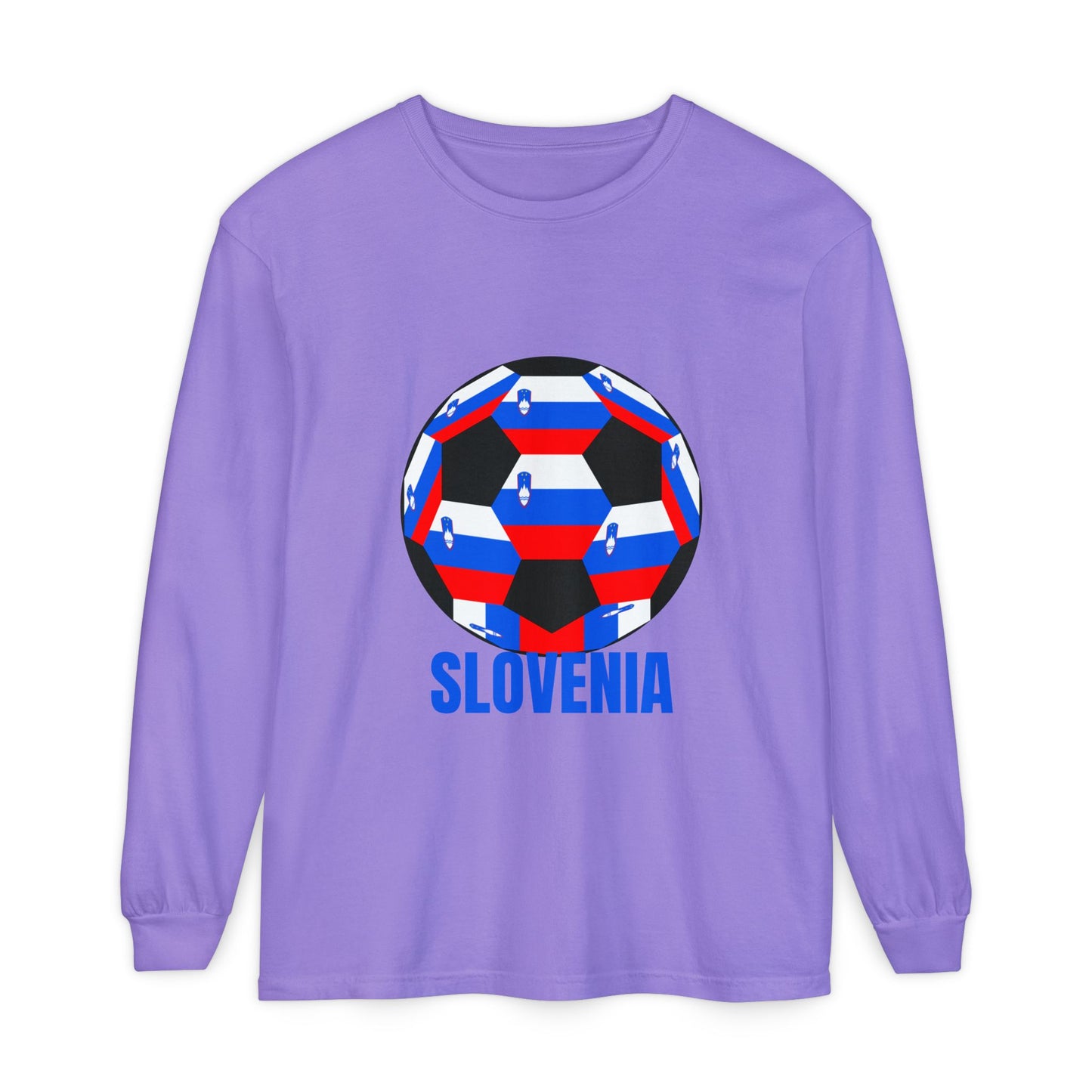 Slovenia Fan Specialty Soccer Ball Design Long Sleeve T-Shirt Blue Text