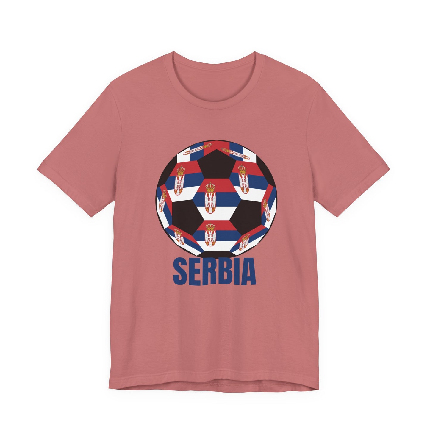 Serbia Fan Specialty Soccer Ball Design T Shirt Blue Text