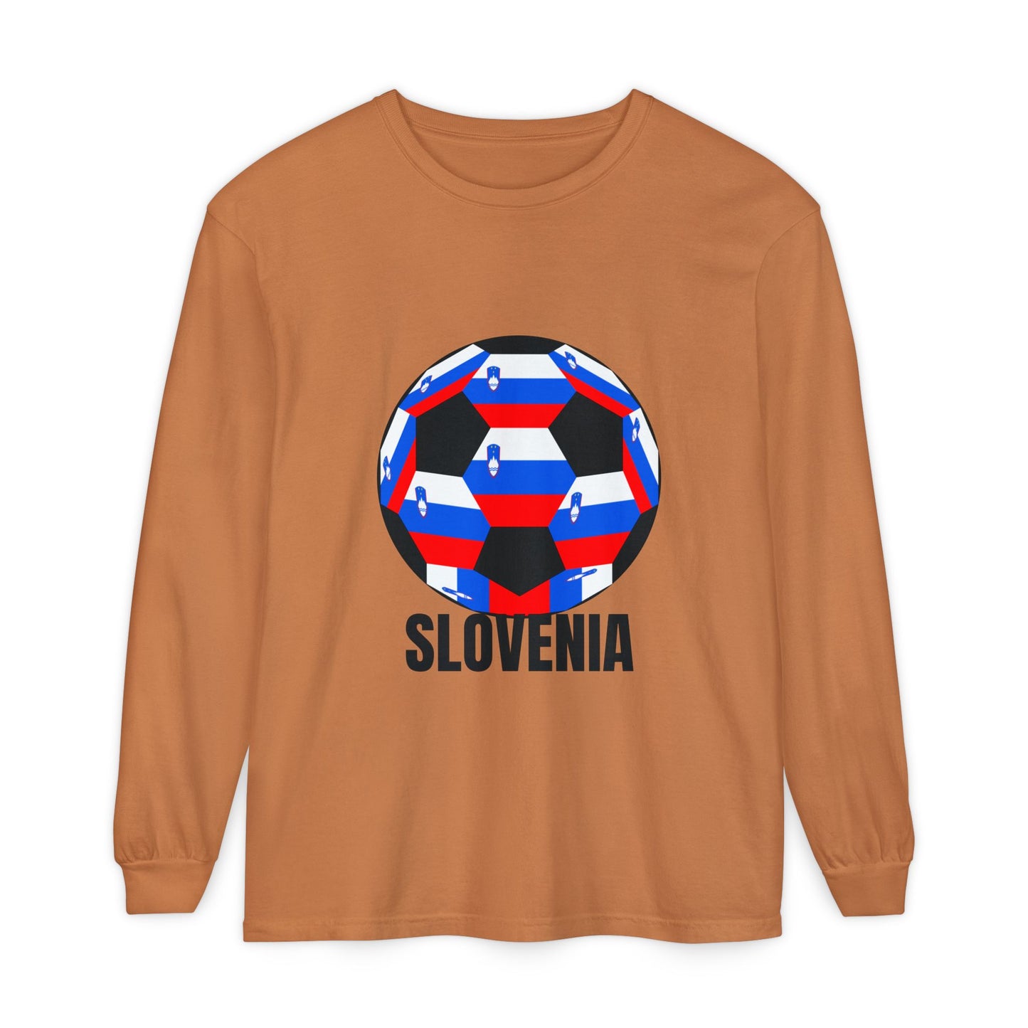 Slovenia Fan Specialty Soccer Ball Design Long Sleeve Tee Black Text