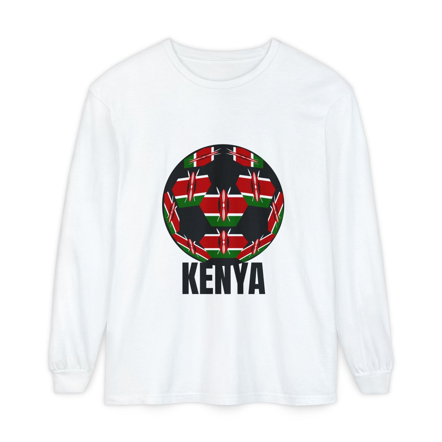 Kenya Fan Specialty Soccer Ball Design Long Sleeve Tee Black Text