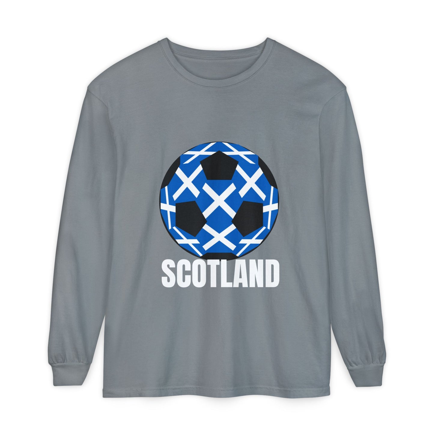 Scotland Fan Specialty Soccer Ball Design T Shirt Long Sleeve Tee White Text