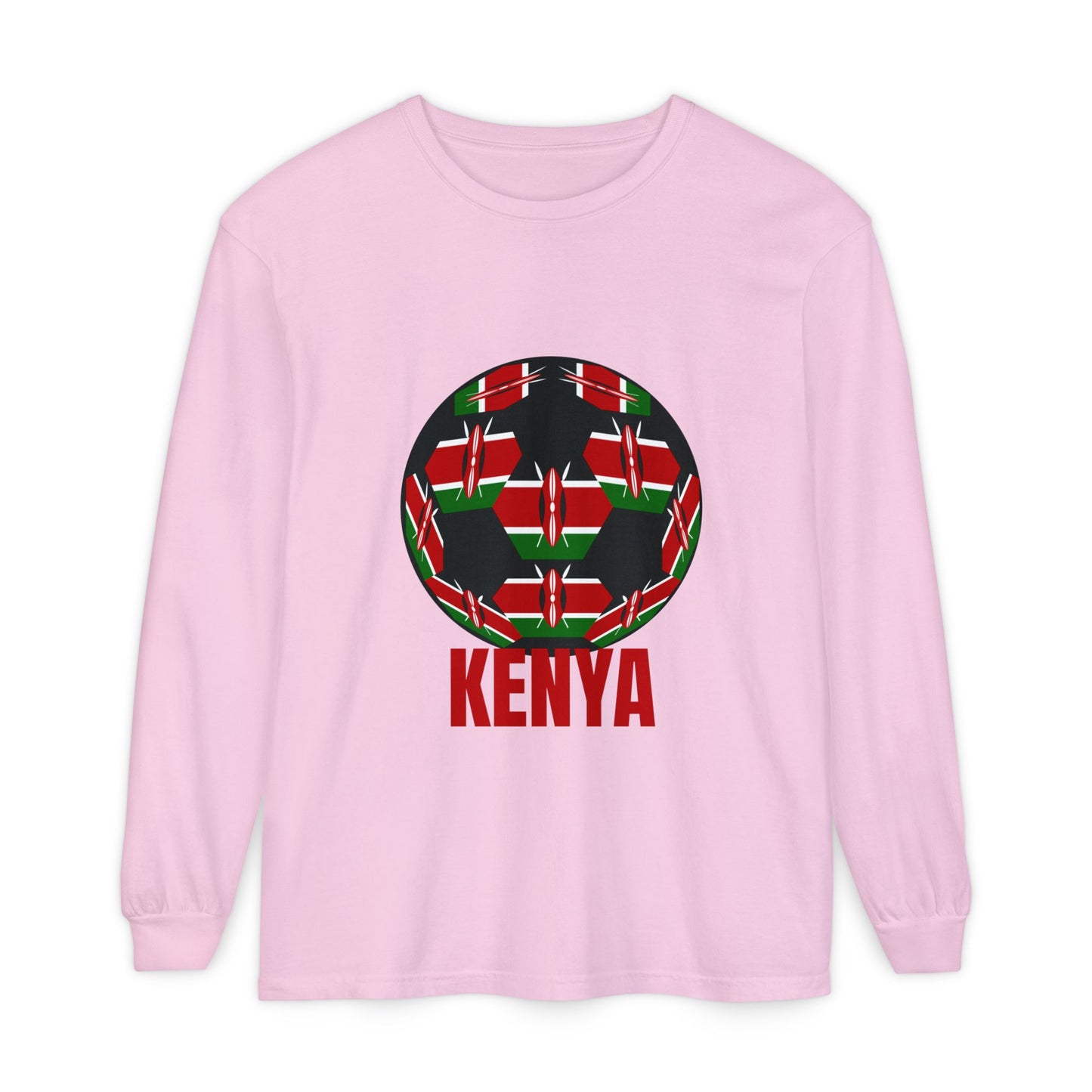 Kenya Fan Specialty Soccer Ball Design T Shirt Long Sleeve Red Text