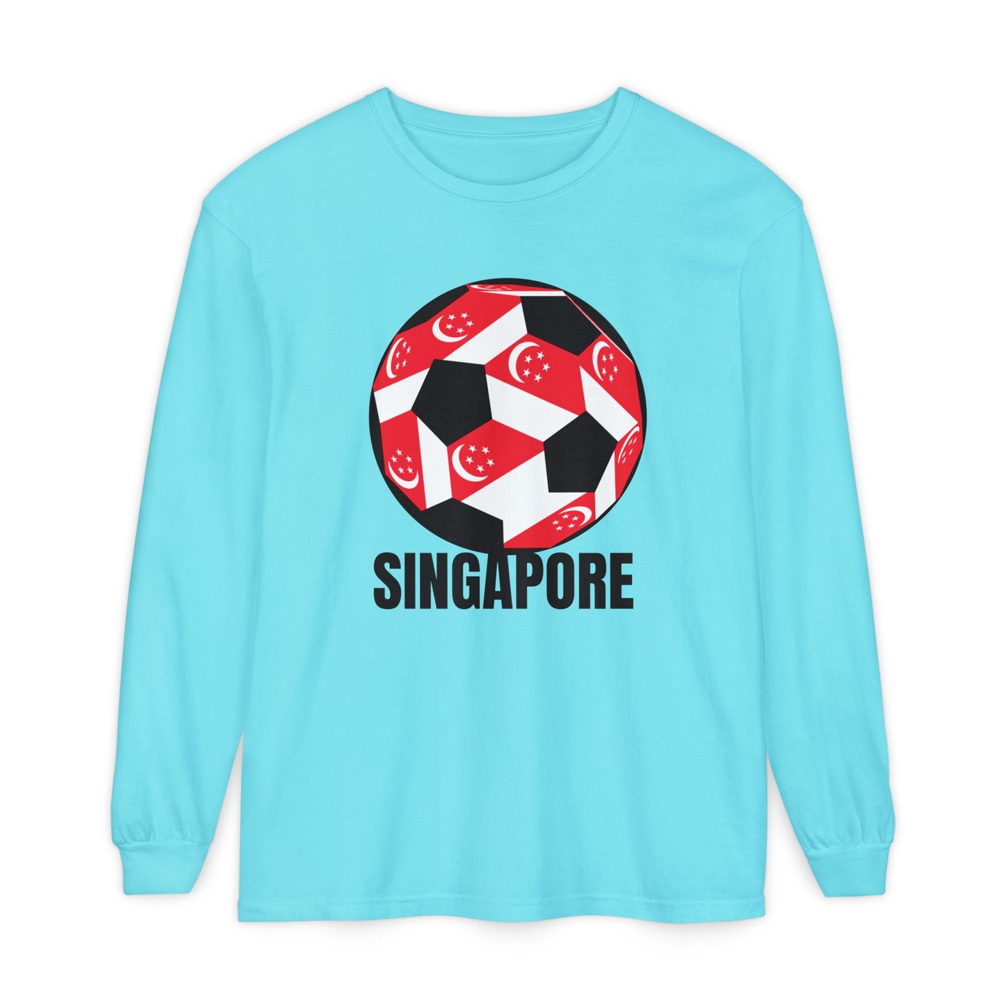Singapore Fan Specialty Soccer Ball Design T Shirt Long Sleeve Tee Black Text
