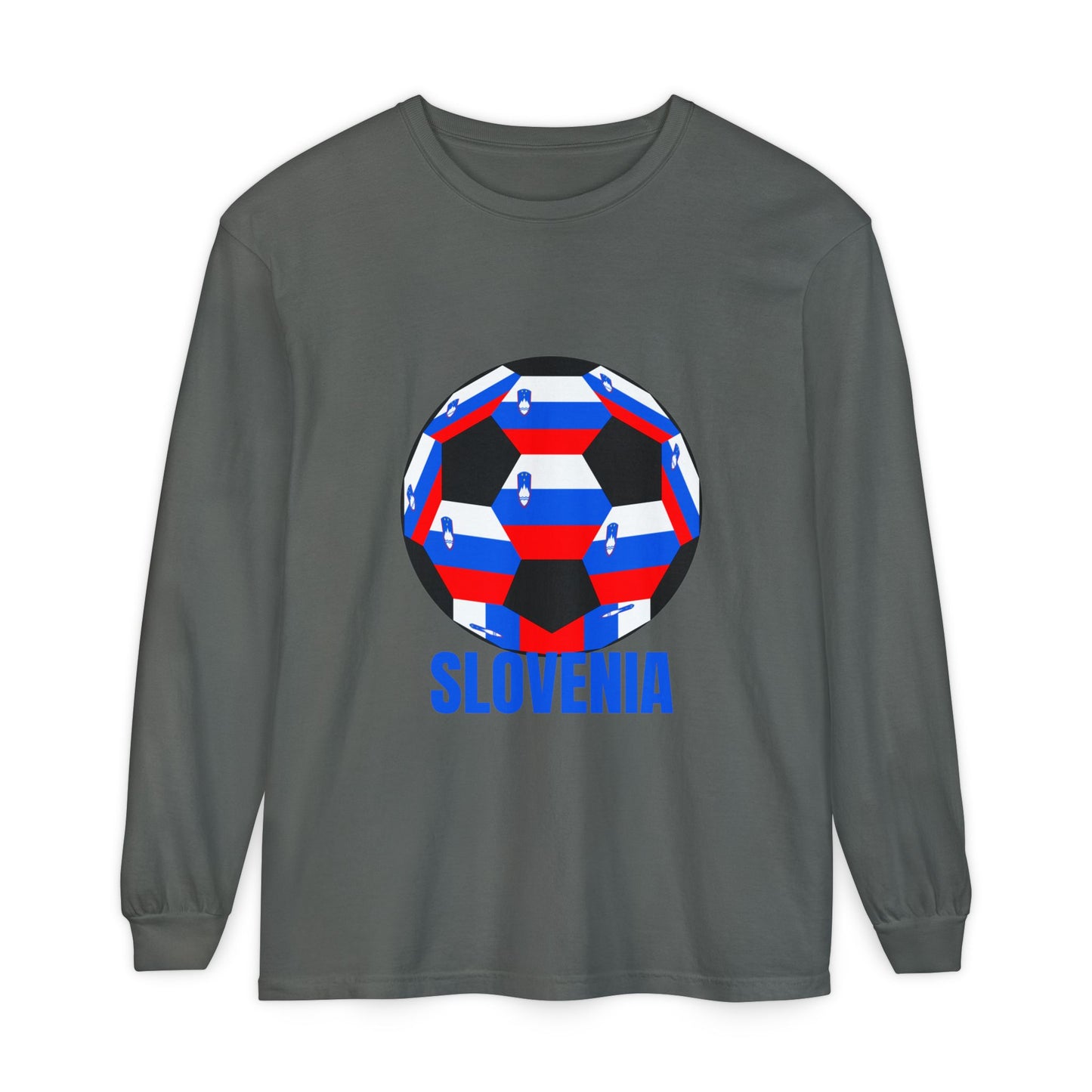 Slovenia Fan Specialty Soccer Ball Design Long Sleeve T-Shirt Blue Text
