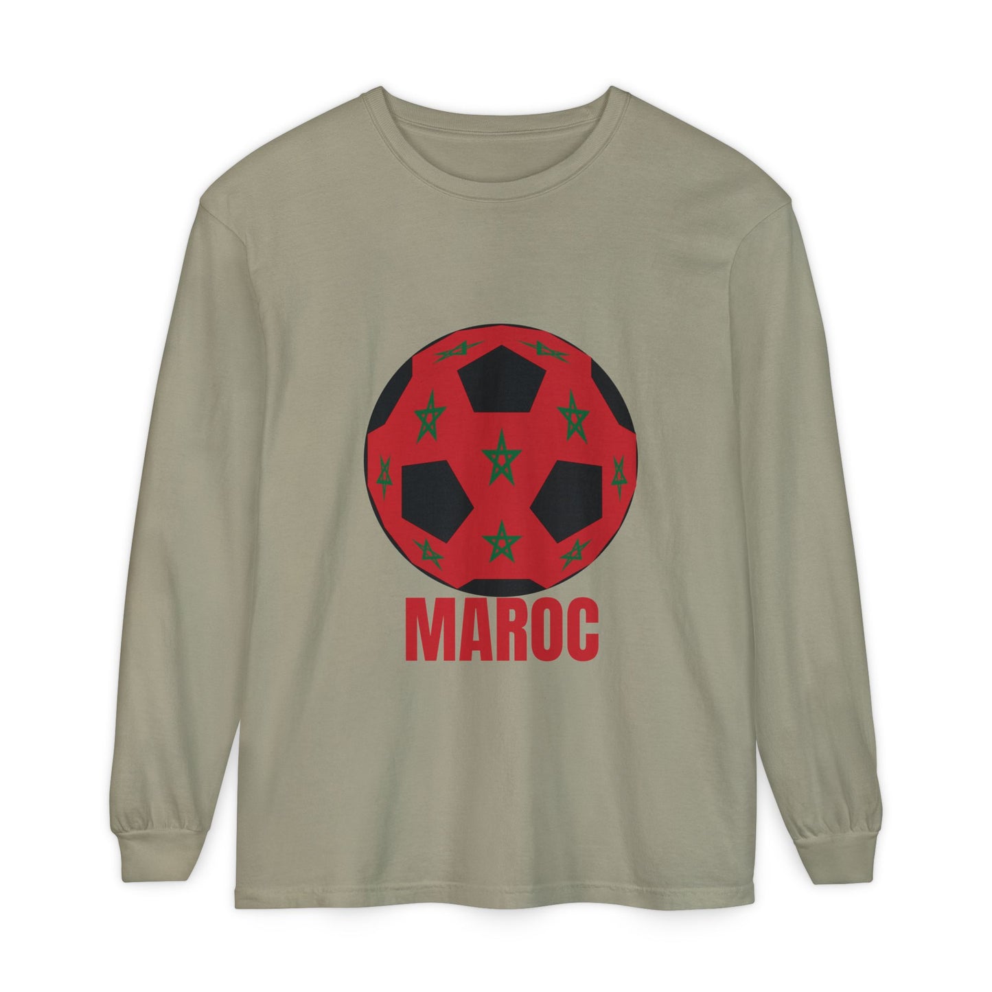 Morocco Maroc Fan Specialty Soccer Ball Design T Shirt Long Sleeve Tee Red Print