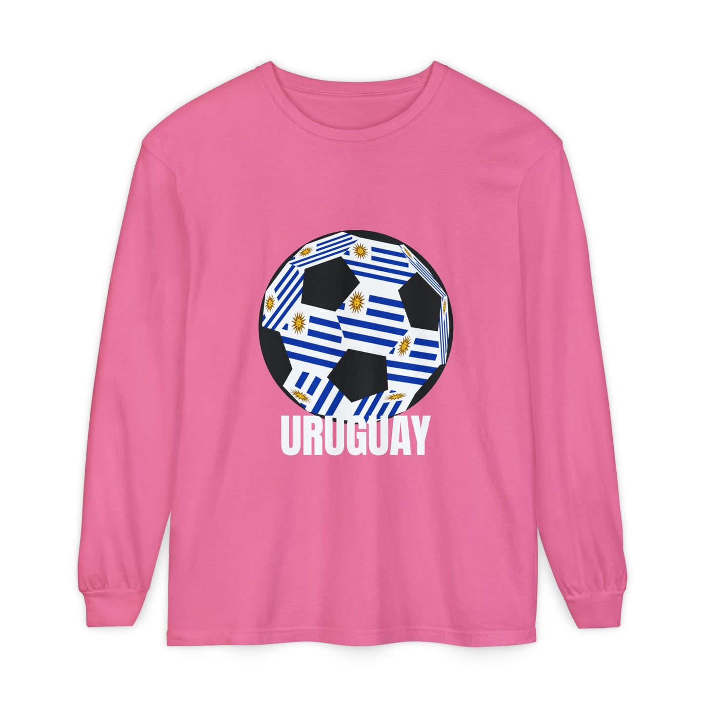 Uruguay Fan Specialty Soccer Ball Design Long Sleeve T‑Shirt White Text