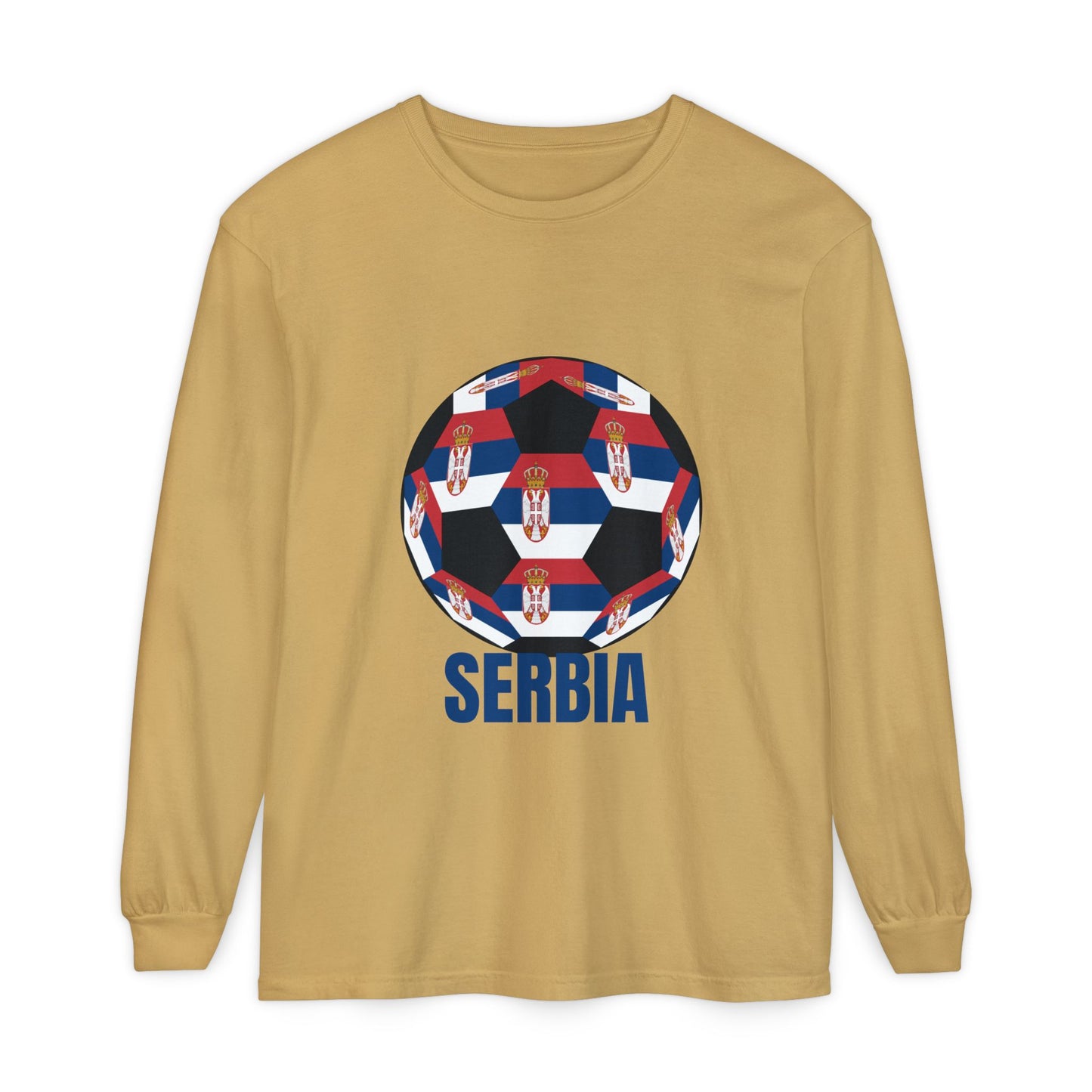 Serbia Fan Specialty Soccer Ball Design T Shirt Long Sleeve Shirt Blue Text