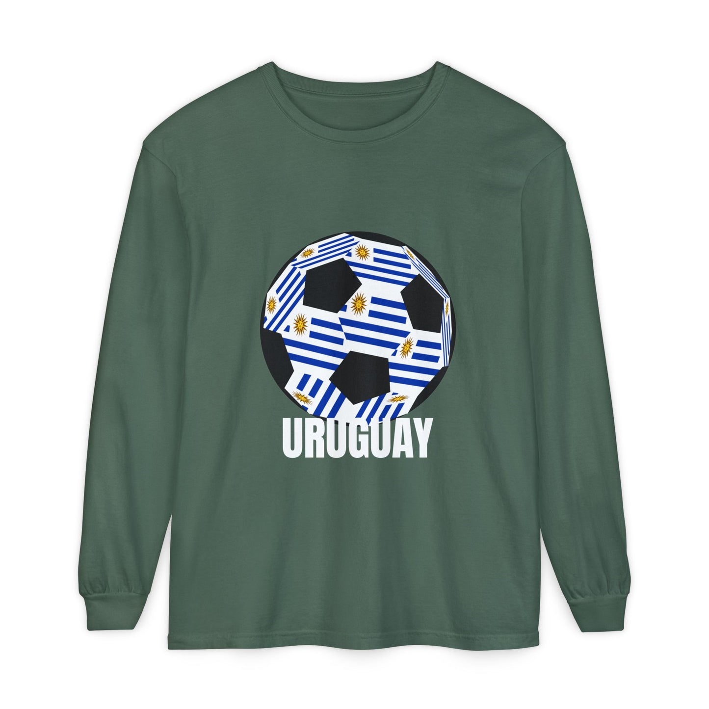 Uruguay Fan Specialty Soccer Ball Design Long Sleeve T‑Shirt White Text