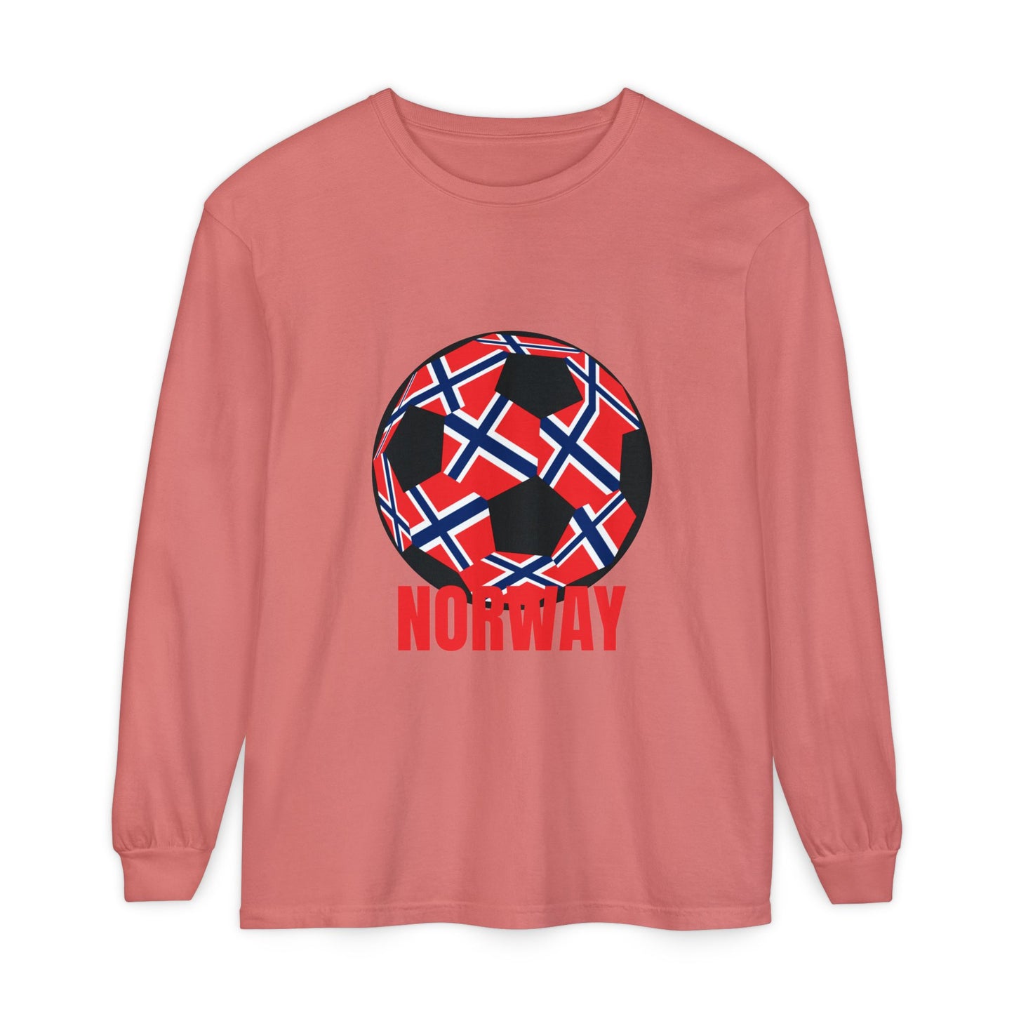 Norway Fan Specialty Soccer Ball Design T Shirt Long Sleeve Tee Red Print