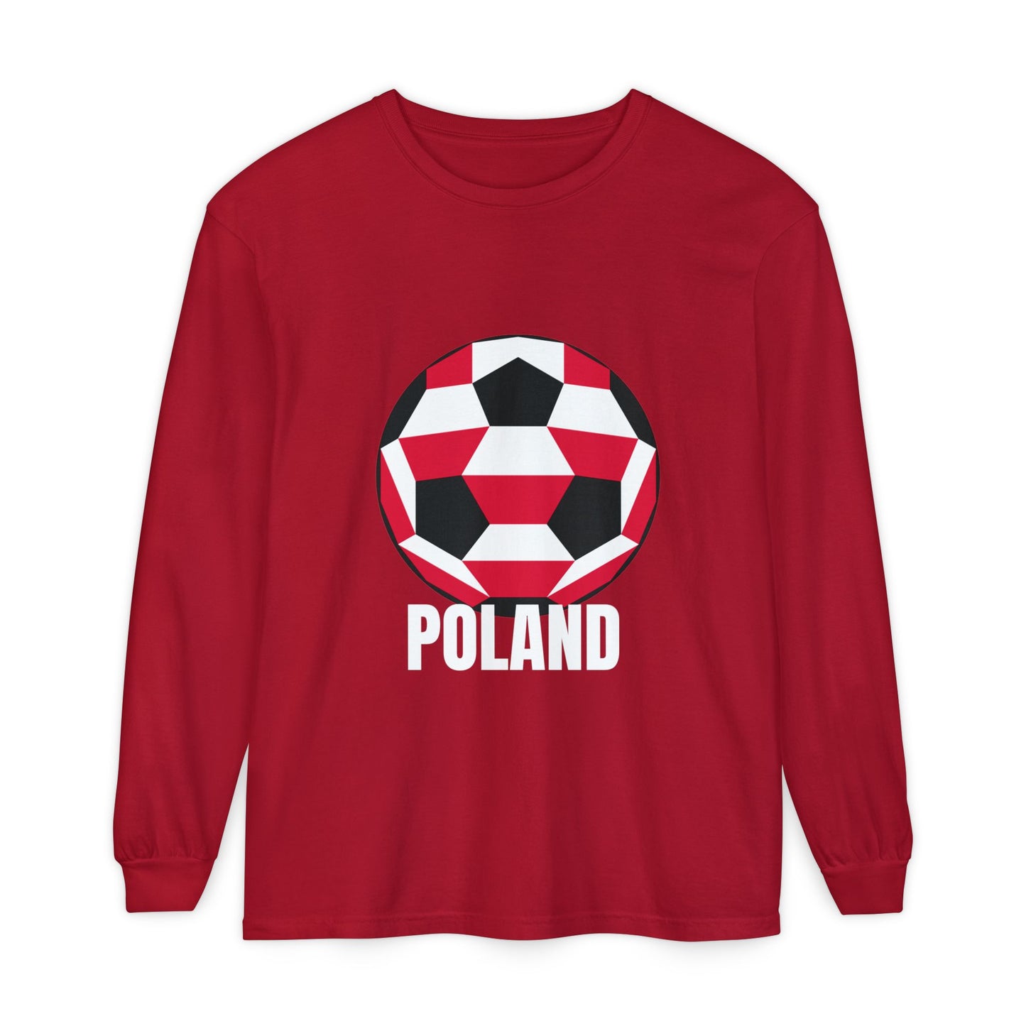 Poland Fan Specialty Soccer Ball Design T Shirt Long Sleeve Tee White Text