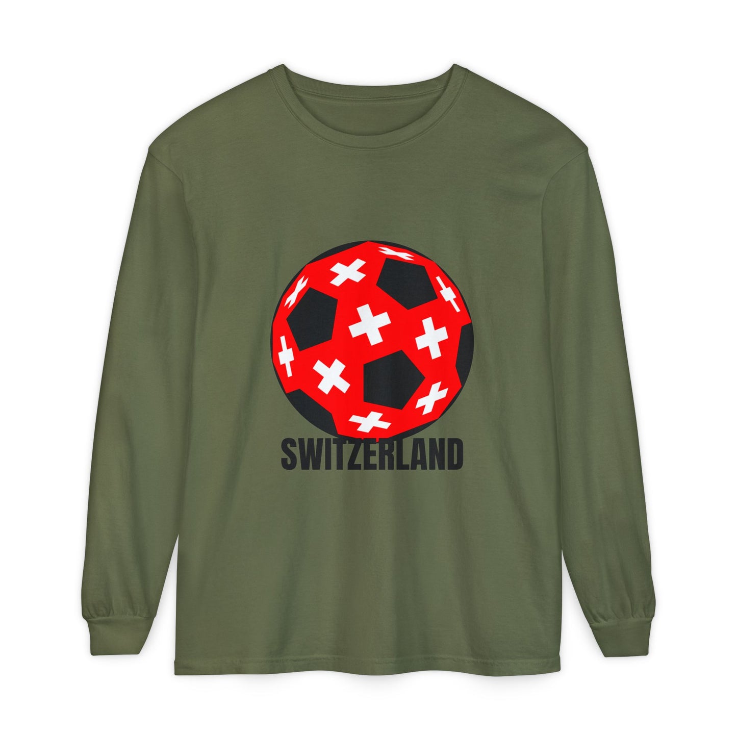 Switzerland Fan Specialty Soccer Ball Design T Shirt Long Sleeve Tee Black Text