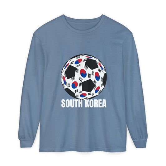South Korea Fan Specialty Soccer Ball Design T Shirt Long Sleeve Tee White Text