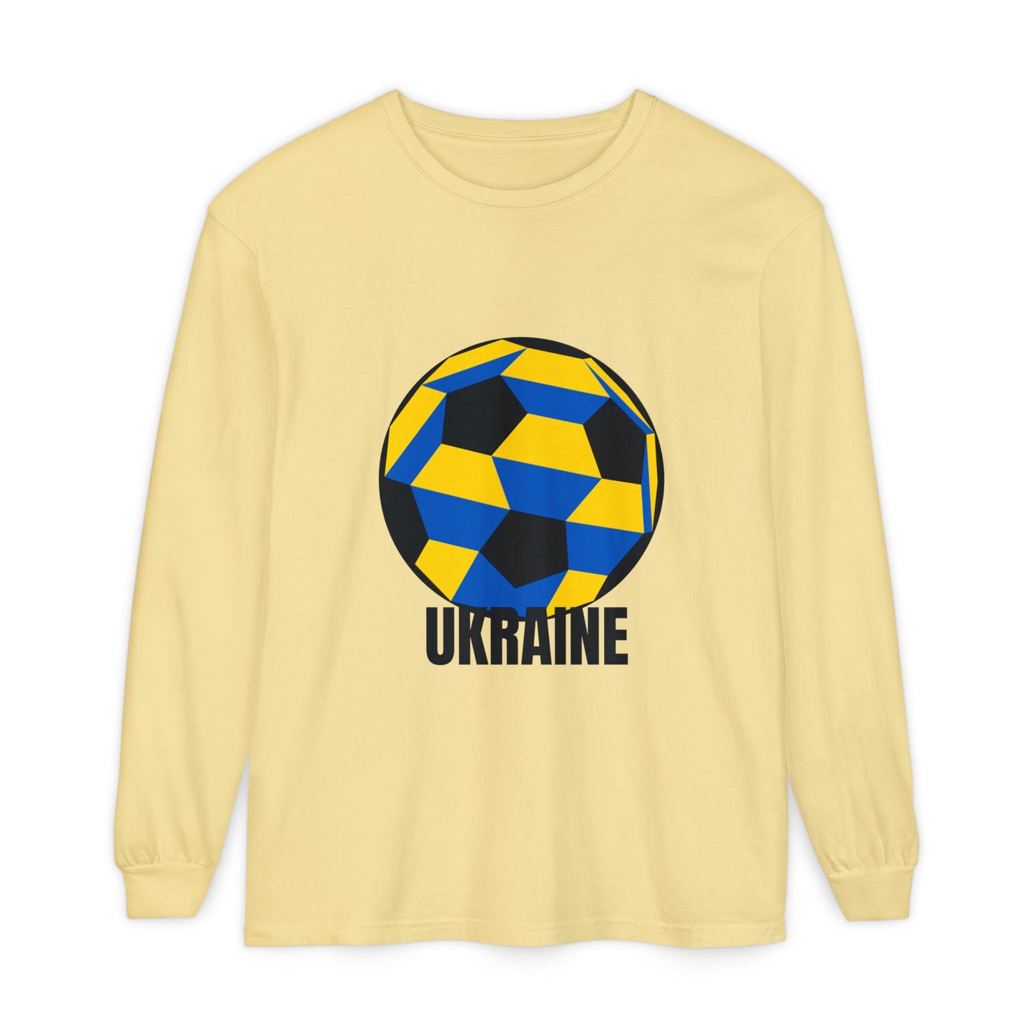 Ukraine Fan Specialty Soccer Ball Design Long Sleeve T-Shirt Black Text