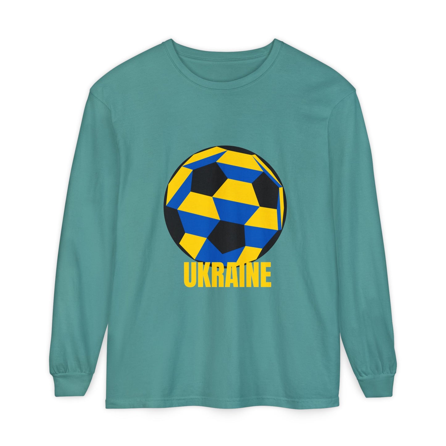 Ukraine Fan Specialty Soccer Ball Design Long Sleeve Tee Yellow Text