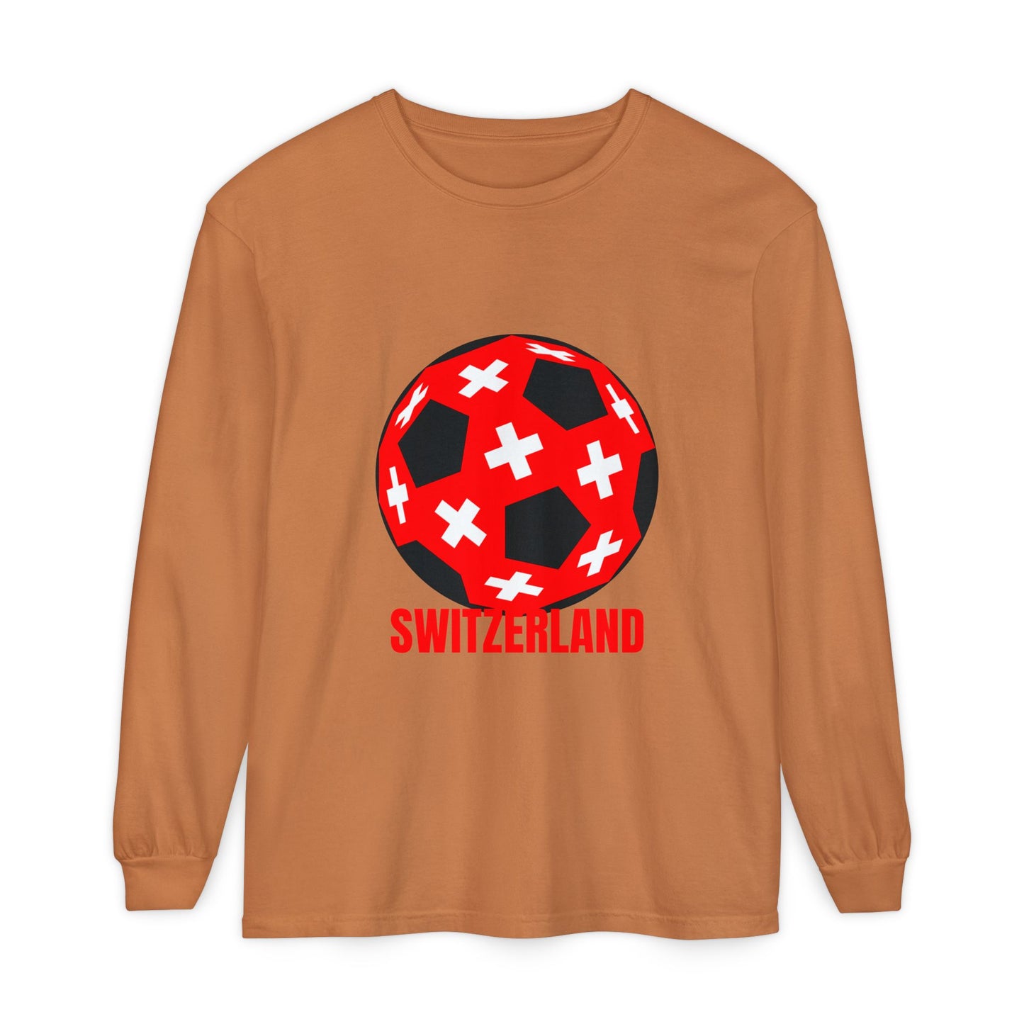Switzerland Fan Specialty Soccer Ball Design T Shirt Long Sleeve Tee Red Text