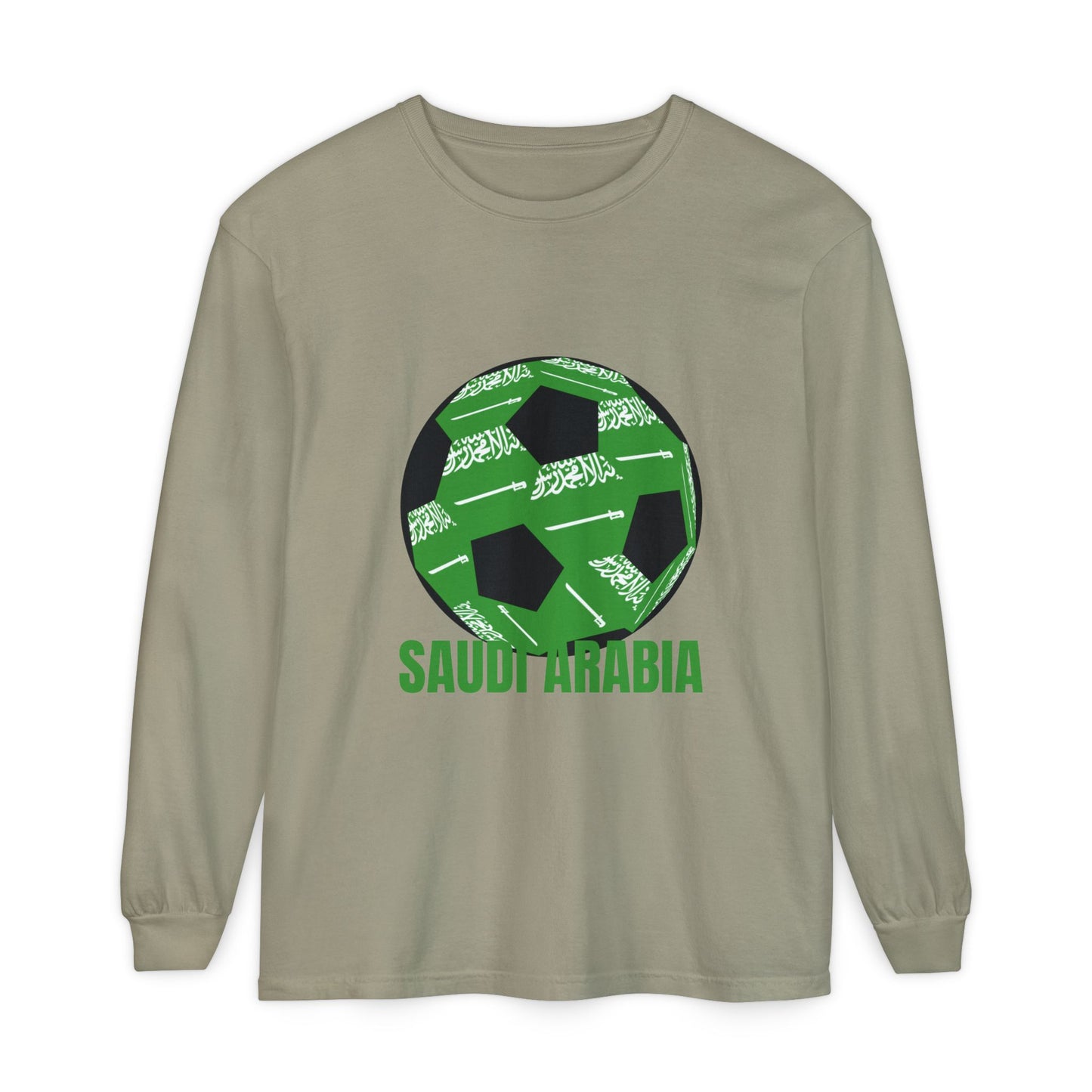 Saudi Arabia Fan Specialty Soccer Ball Design T Shirt Long Sleeve Tee Green Text