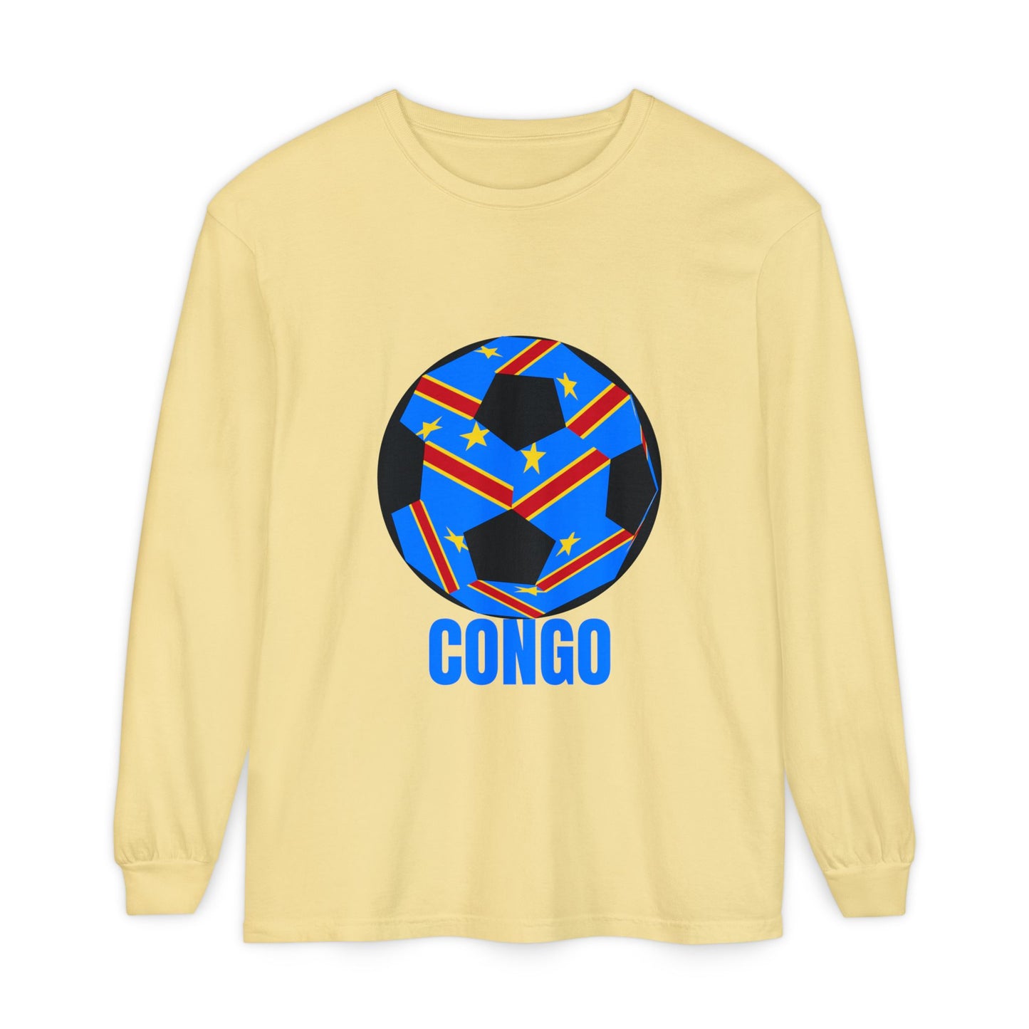 Congo Fan Specialty Soccer Ball Design T Shirt Long Sleeve Tee Blue Text
