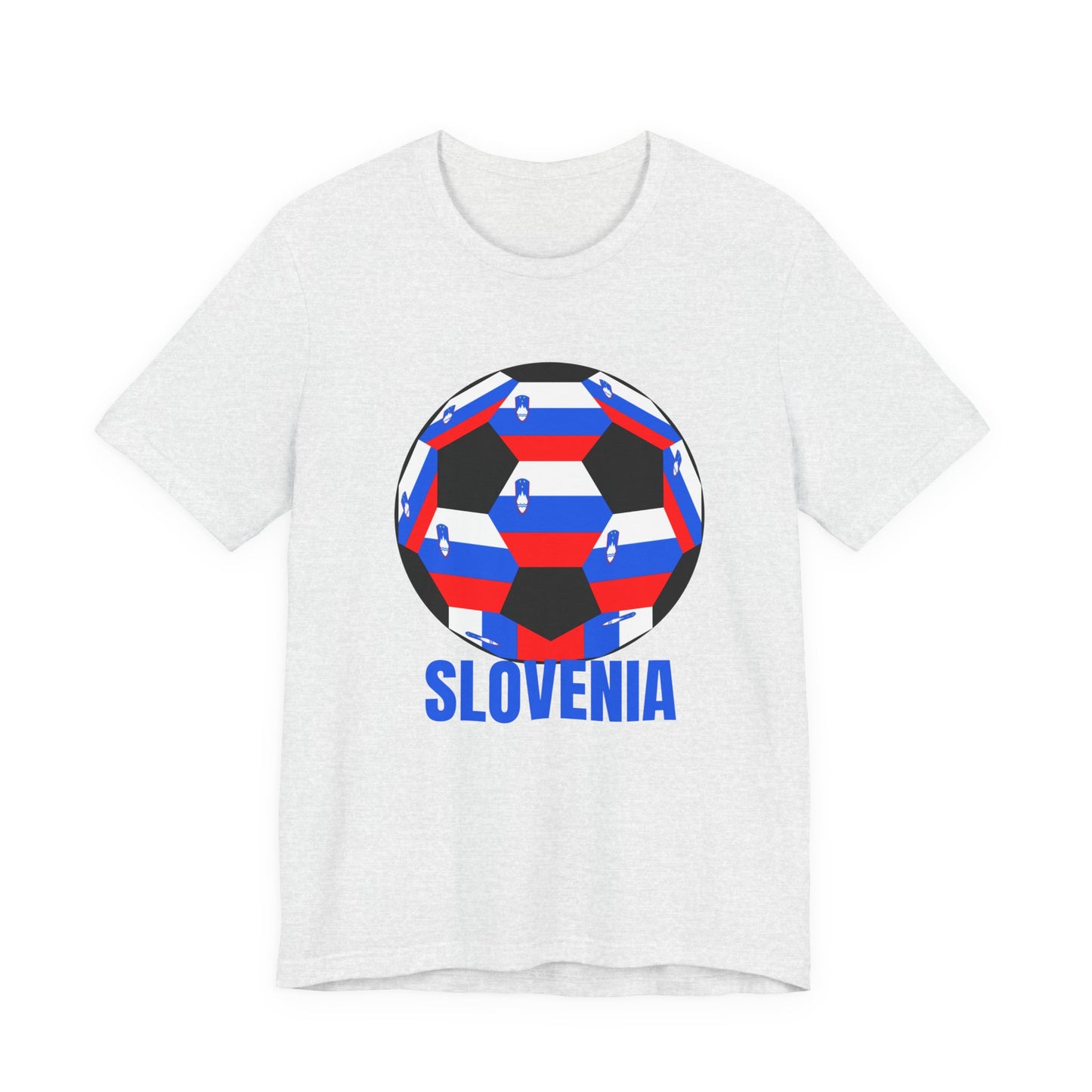 Slovenia Fan Specialty Soccer Ball Design T Shirt Blue Text