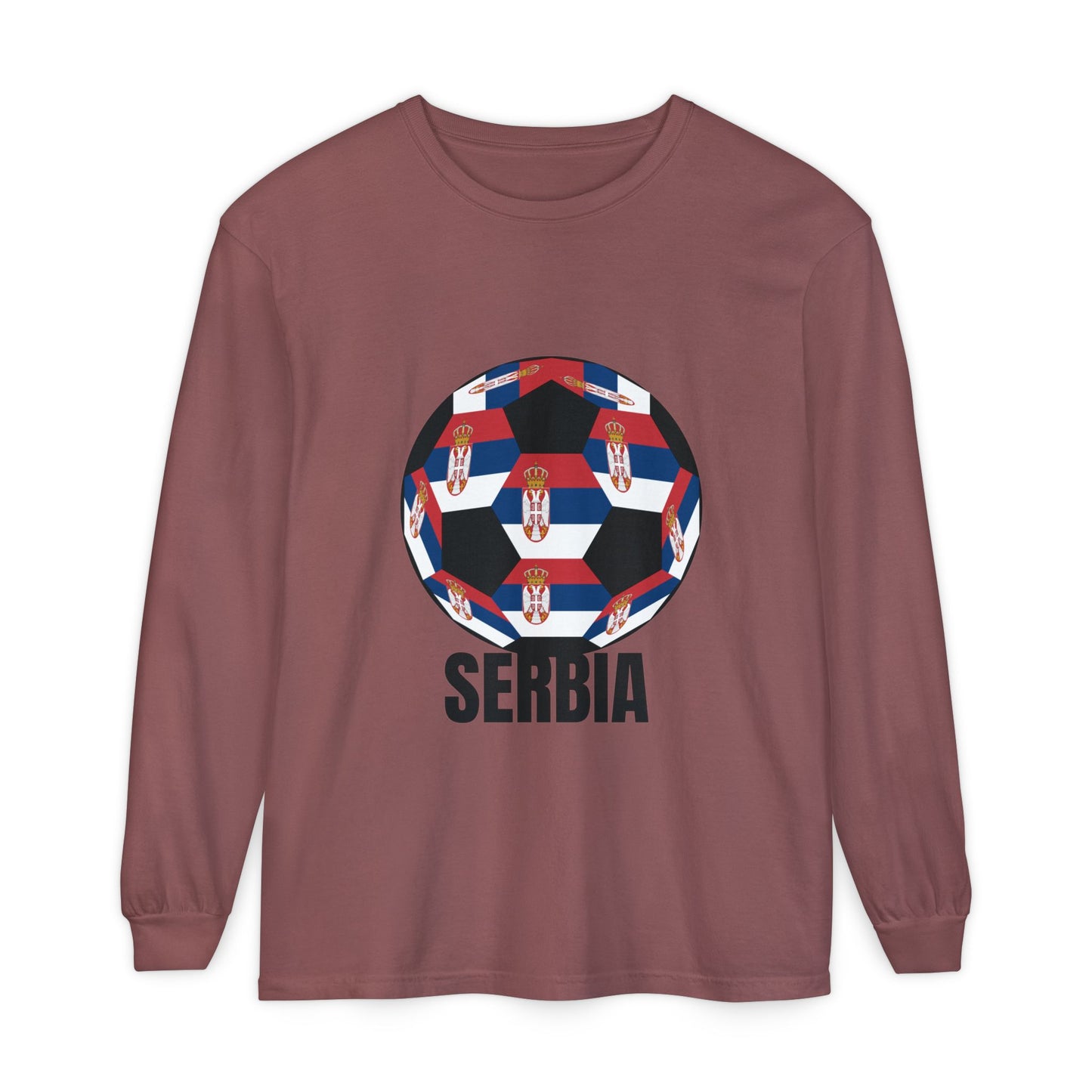 Serbia Fan Specialty Soccer Ball Design T Shirt Long Sleeve Tee Black Print