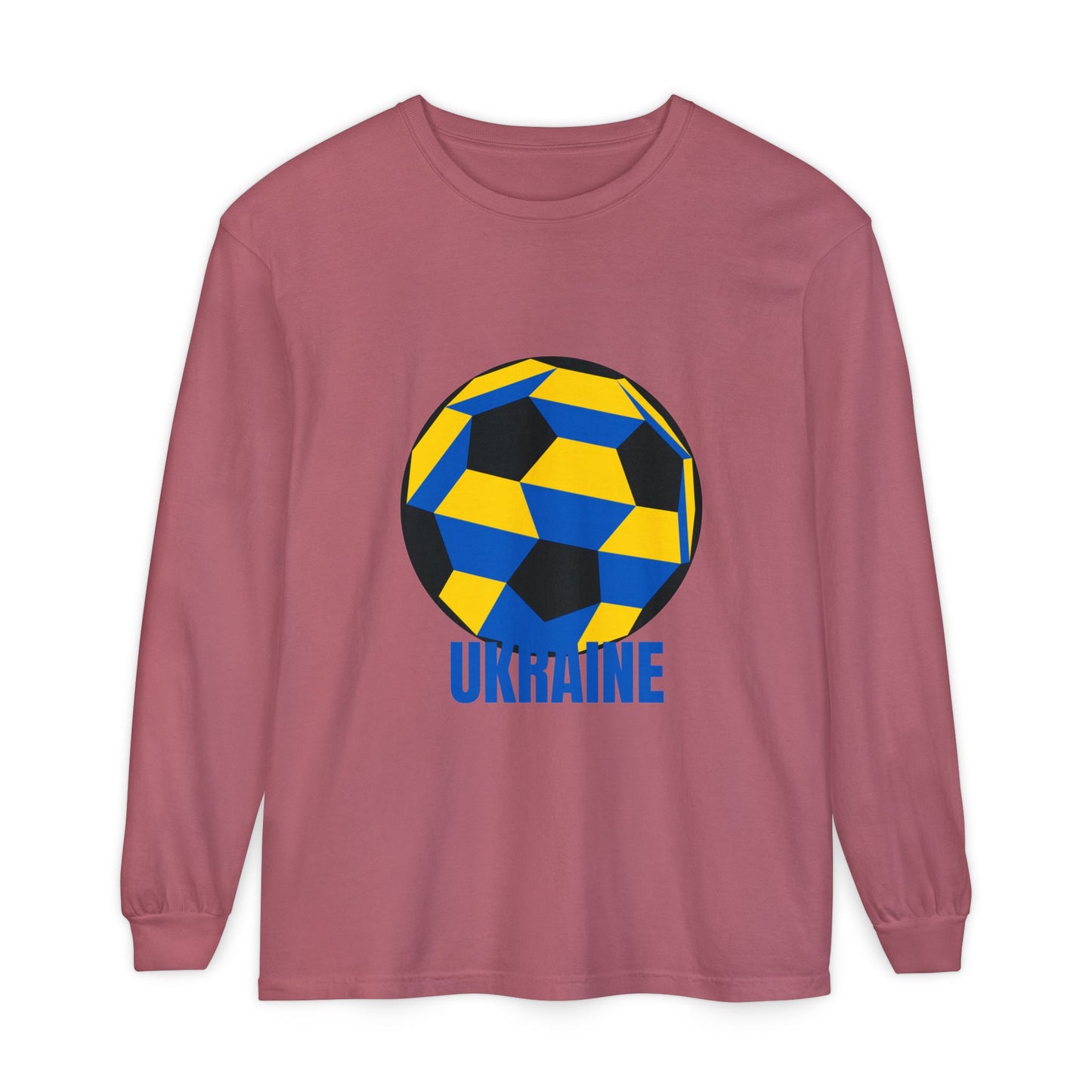 Ukraine Fan Specialty Soccer Ball Design Long Sleeve Tee Blue Text