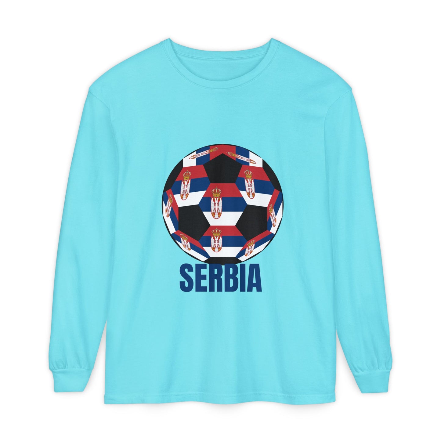 Serbia Fan Specialty Soccer Ball Design T Shirt Long Sleeve Shirt Blue Text