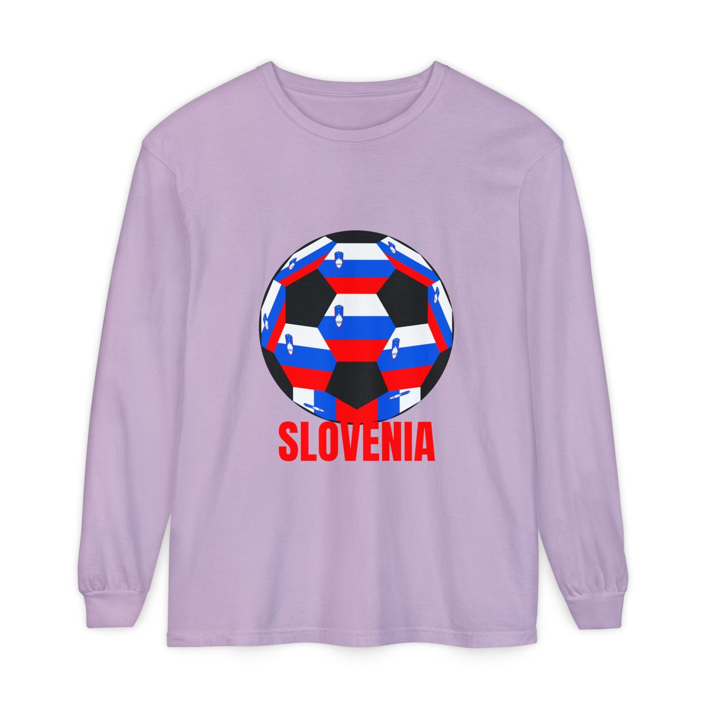 Slovenia Fan Specialty Soccer Ball Design Long Sleeve Shirt Red Text