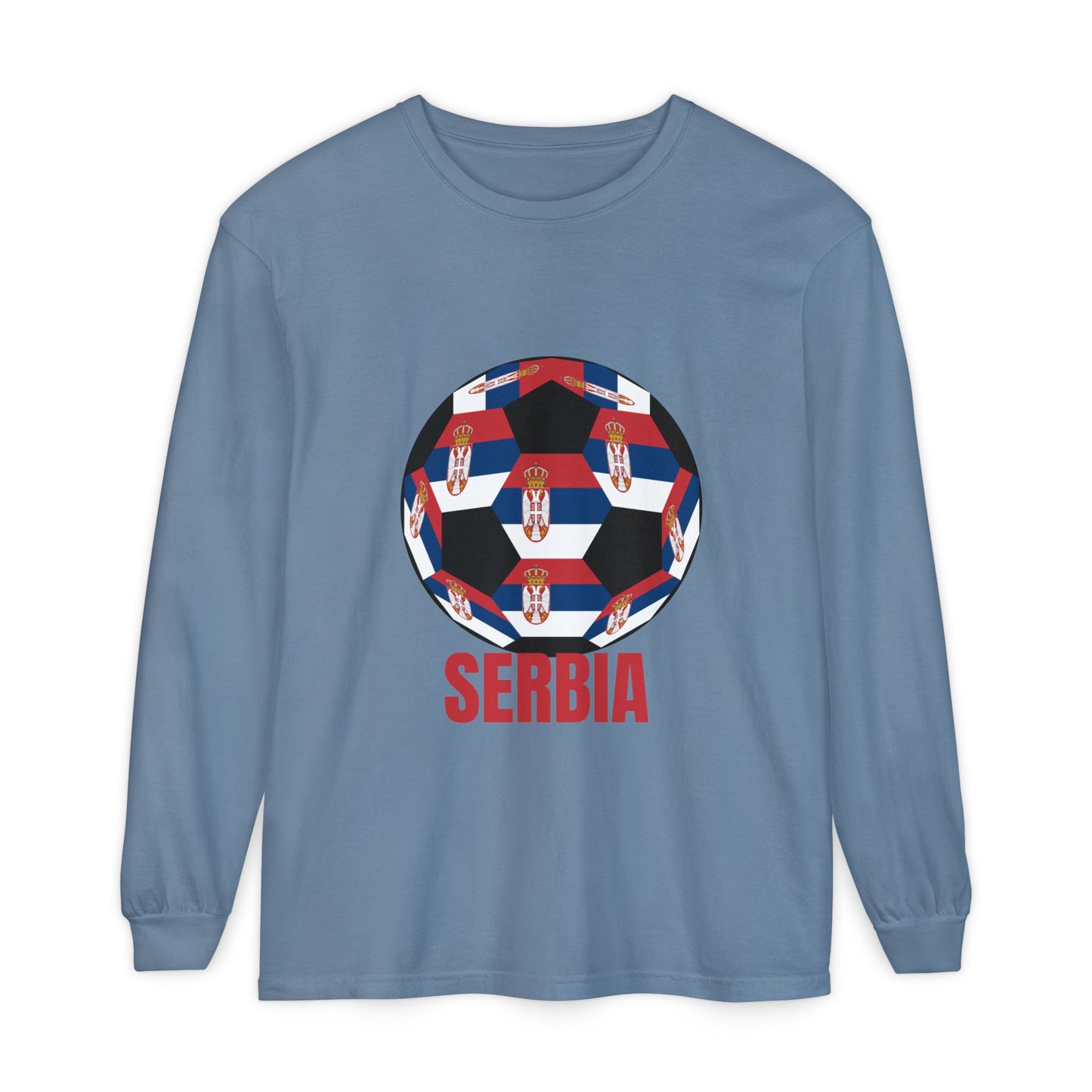 Serbia Fan Specialty Soccer Ball Design T Shirt Long Sleeve Tee Red Text