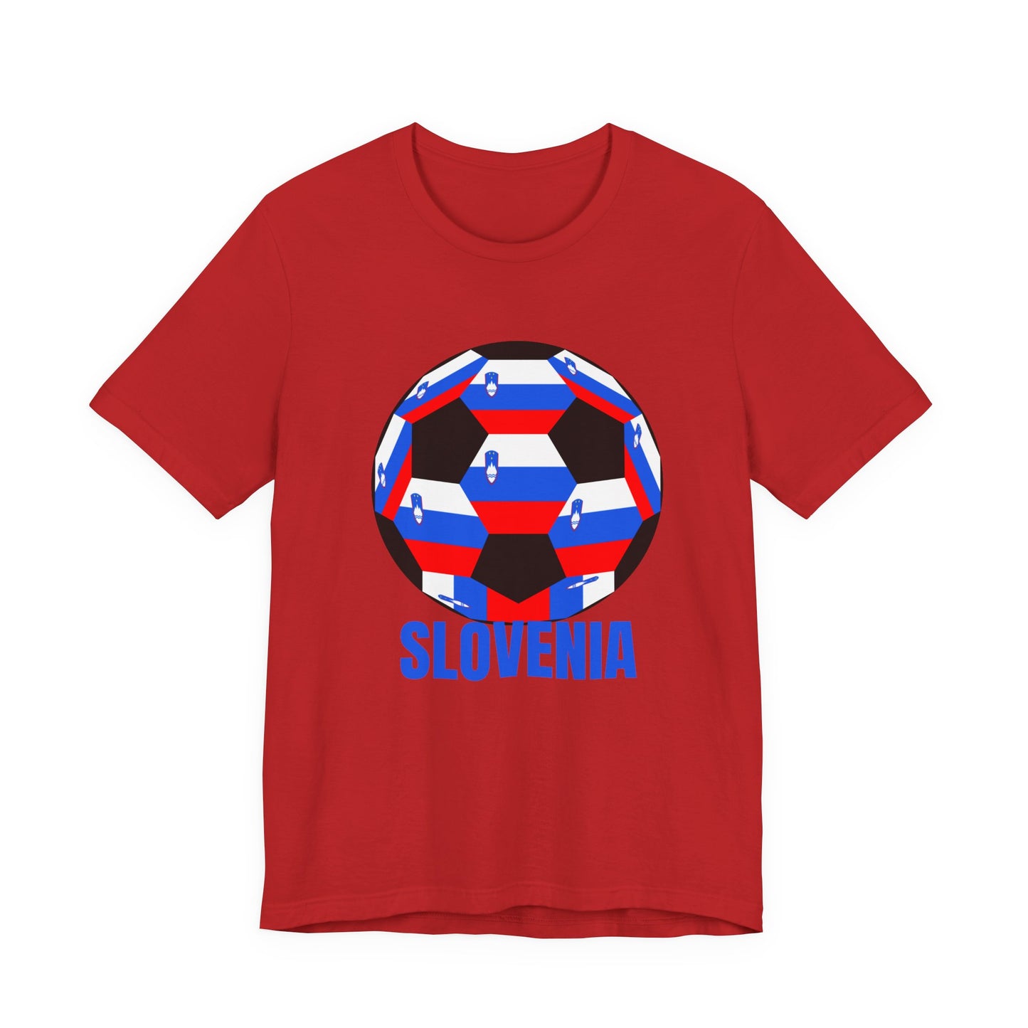 Slovenia Fan Specialty Soccer Ball Design T Shirt Blue Text
