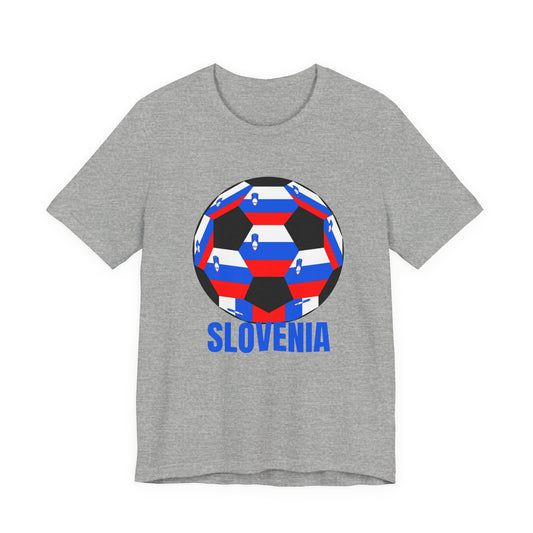 Slovenia Fan Specialty Soccer Ball Design T Shirt Blue Text