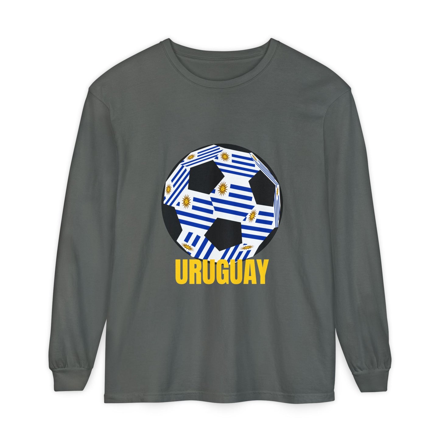 Uruguay Fan Specialty Soccer Ball Design Long Sleeve T Shirt Gold Text
