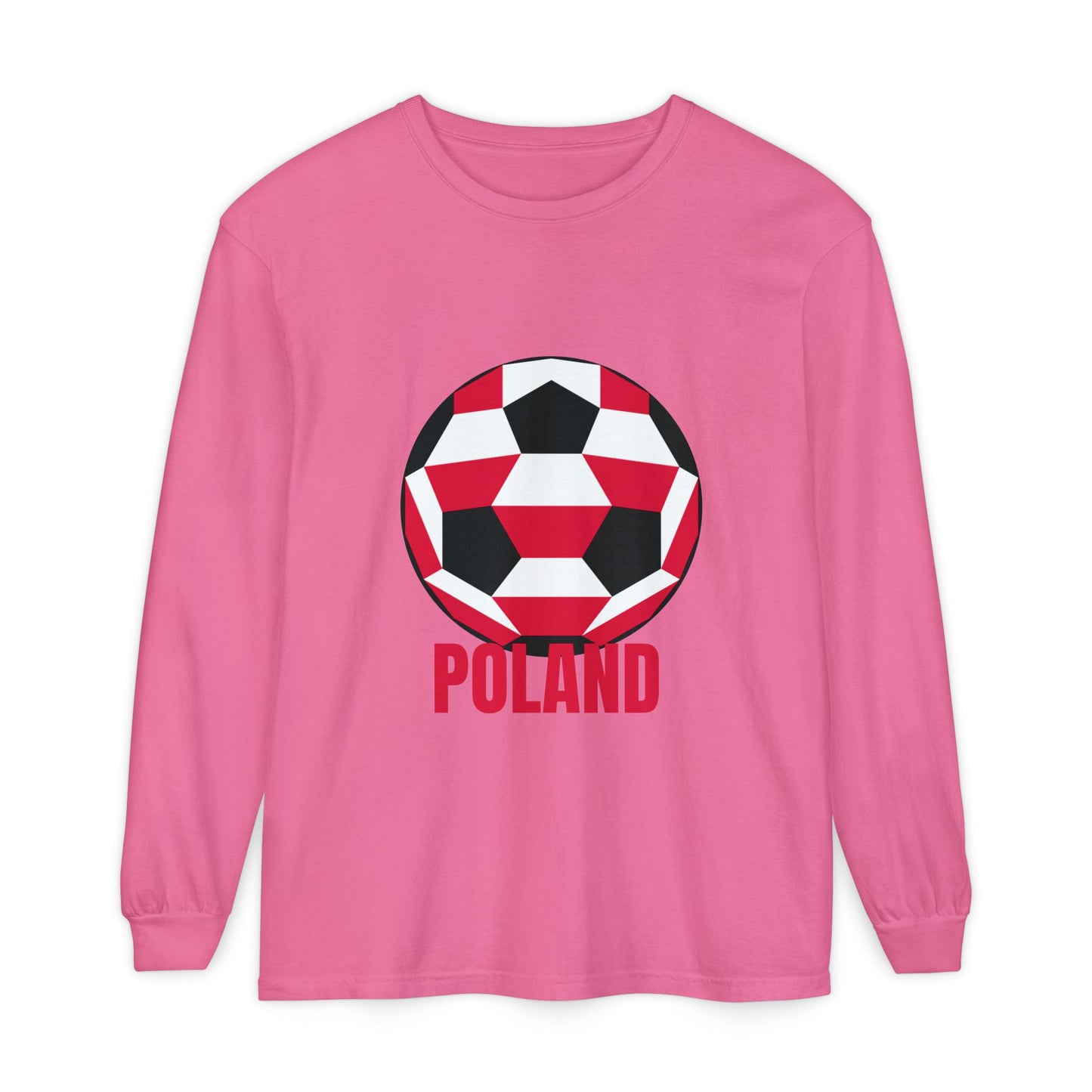 Poland Fan Specialty Soccer Ball Design T Shirt Long Sleeve T-Shirt Red Text