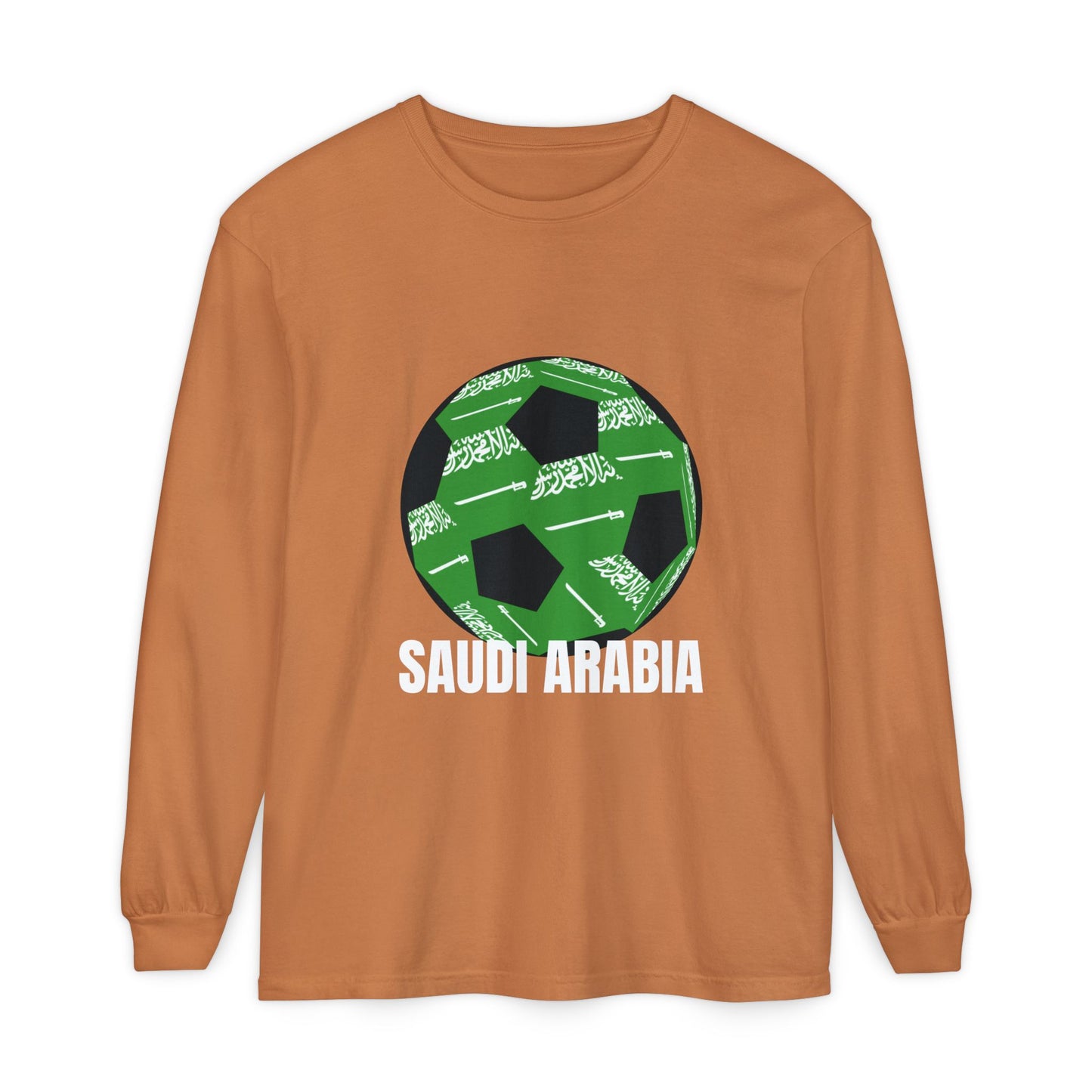 Saudi Arabia Fan Specialty Soccer Ball Design T Shirt Long Sleeve Tee White Text