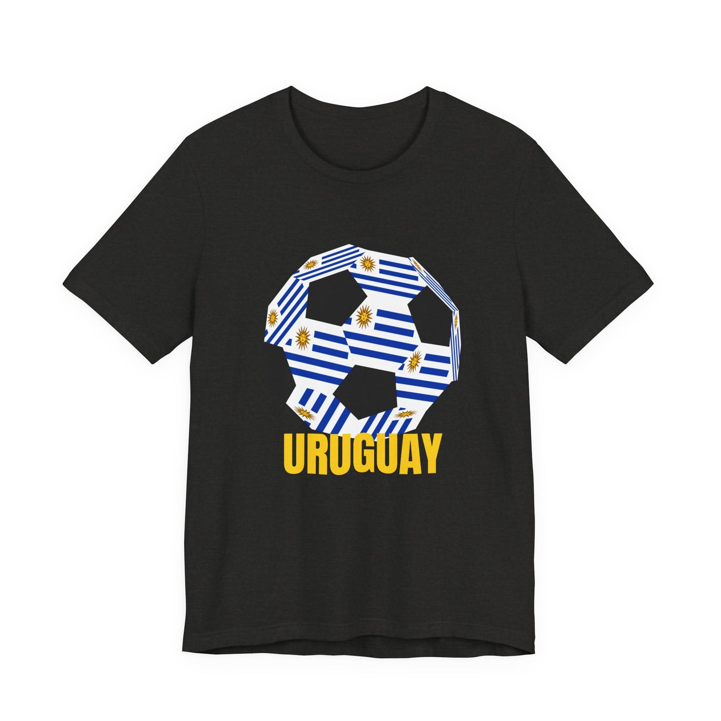 Uruguay Fan Specialty Soccer Ball Design T Shirt Gold Text