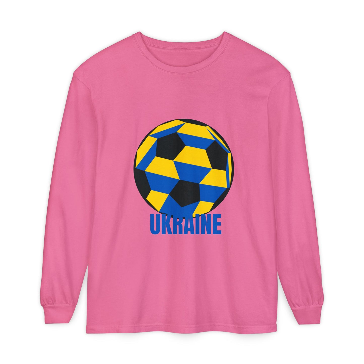 Ukraine Fan Specialty Soccer Ball Design Long Sleeve Tee Blue Text