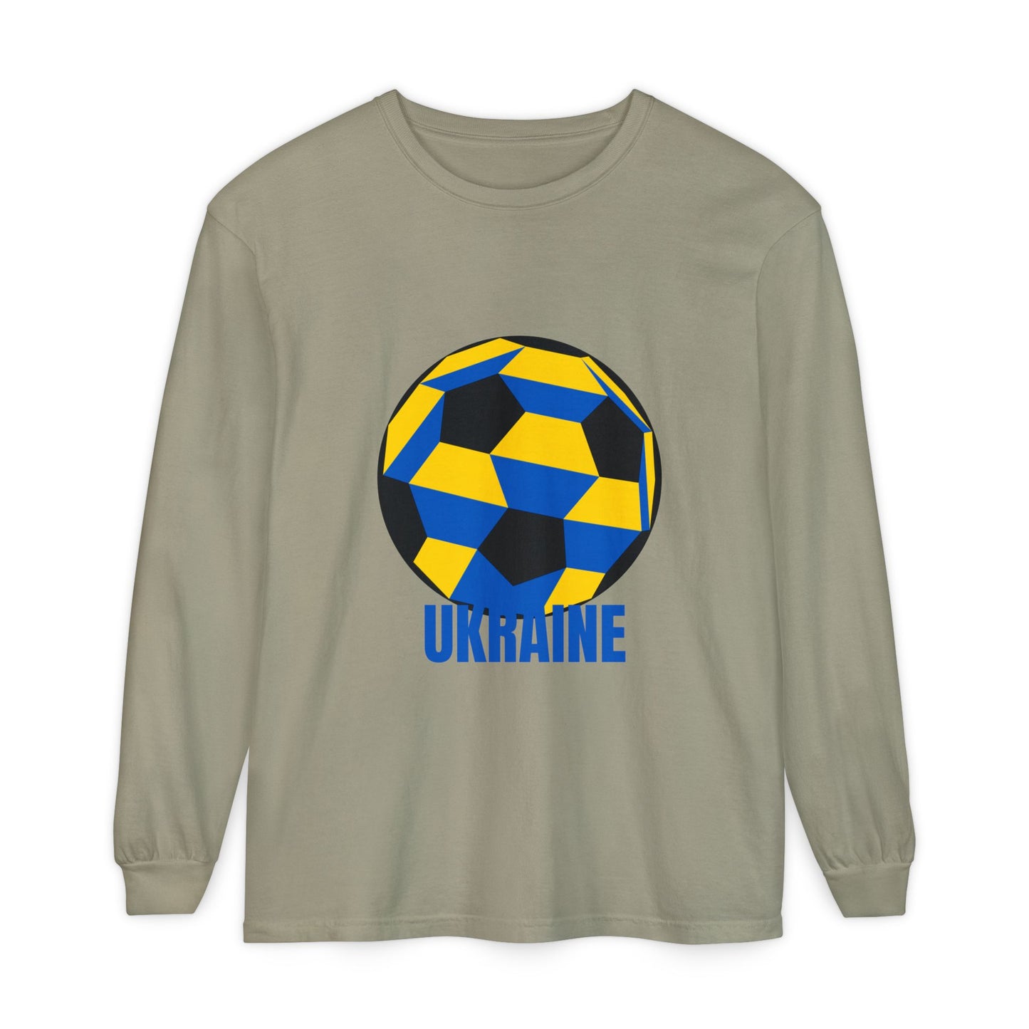 Ukraine Fan Specialty Soccer Ball Design Long Sleeve Tee Blue Text
