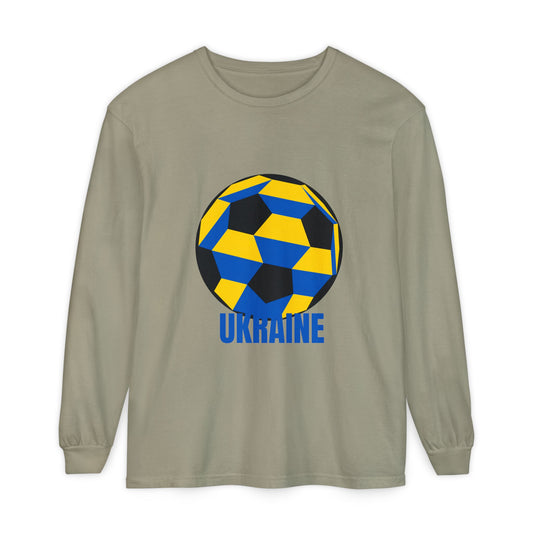 Ukraine Fan Specialty Soccer Ball Design Long Sleeve Tee Blue Text