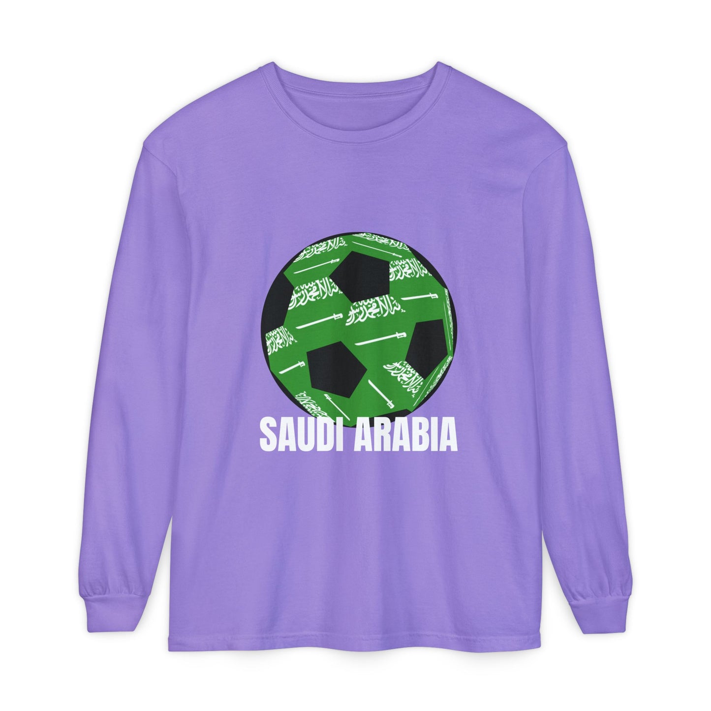 Saudi Arabia Fan Specialty Soccer Ball Design T Shirt Long Sleeve Tee White Text
