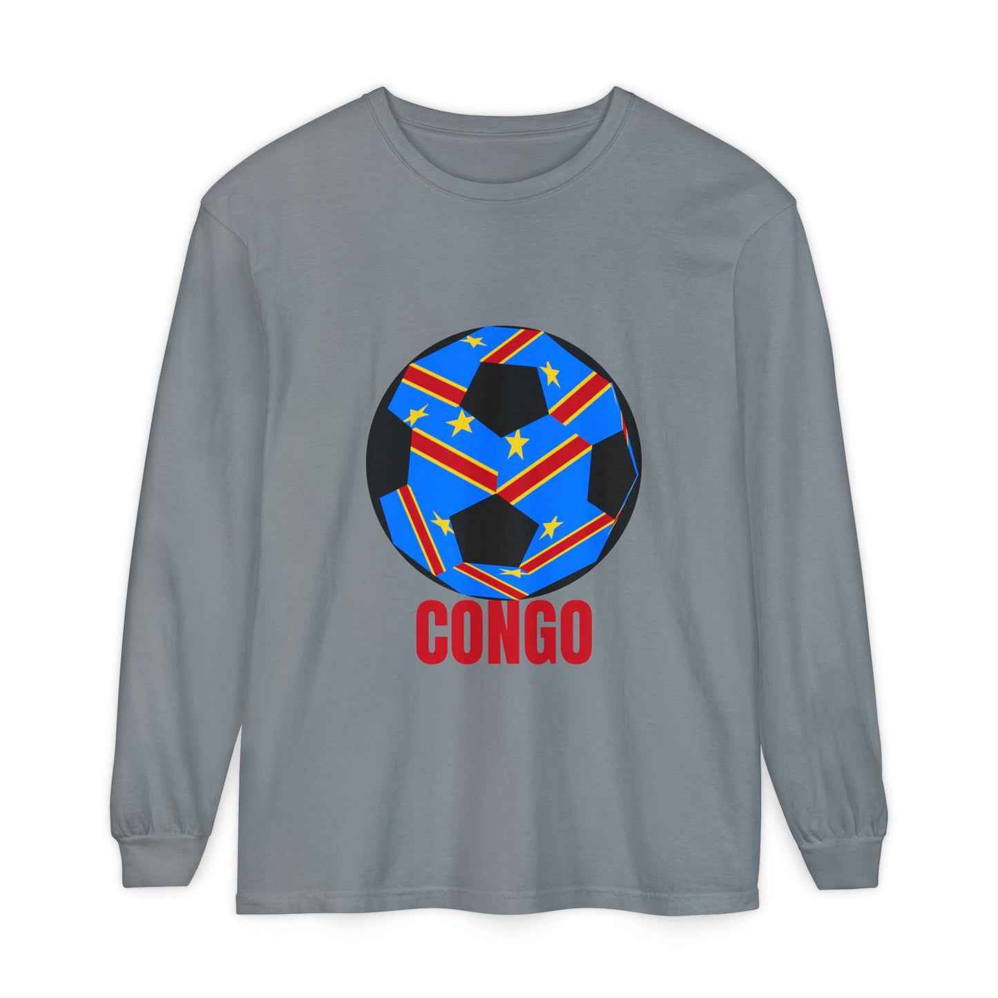 Congo Fan Specialty Soccer Ball Design T Shirt Long Sleeve Tee Red Text