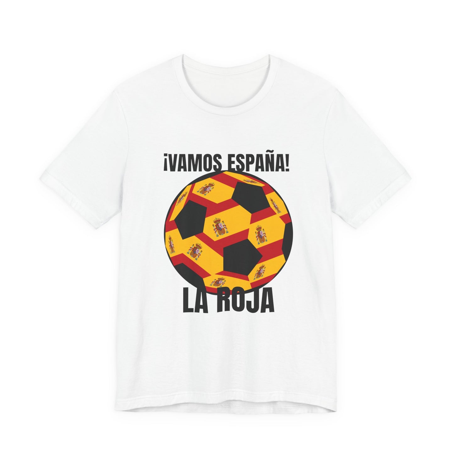 "¡Vamos España! La Roja" Soccer Ball Design T Shirt Black Text