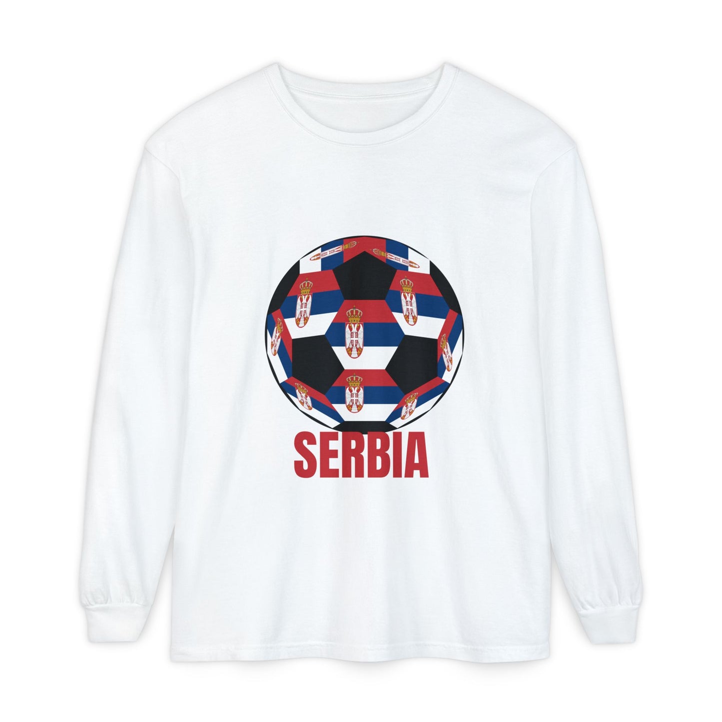 Serbia Fan Specialty Soccer Ball Design T Shirt Long Sleeve Tee Red Text