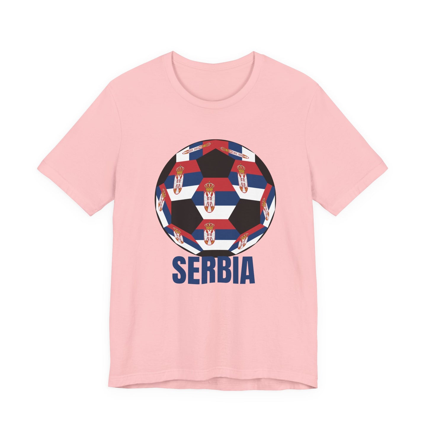 Serbia Fan Specialty Soccer Ball Design T Shirt Blue Text
