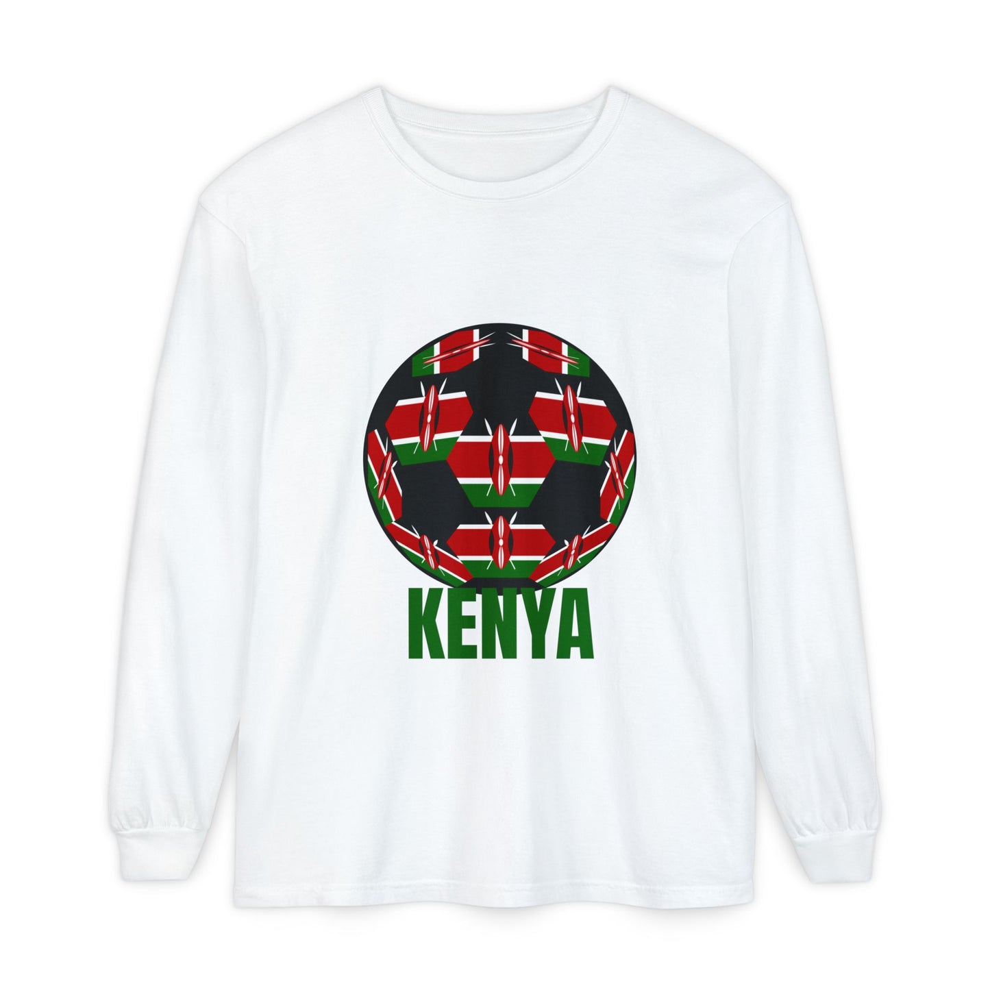 Kenya Fan Specialty Soccer Ball Design T Shirt Long Sleeve Tee Green Text