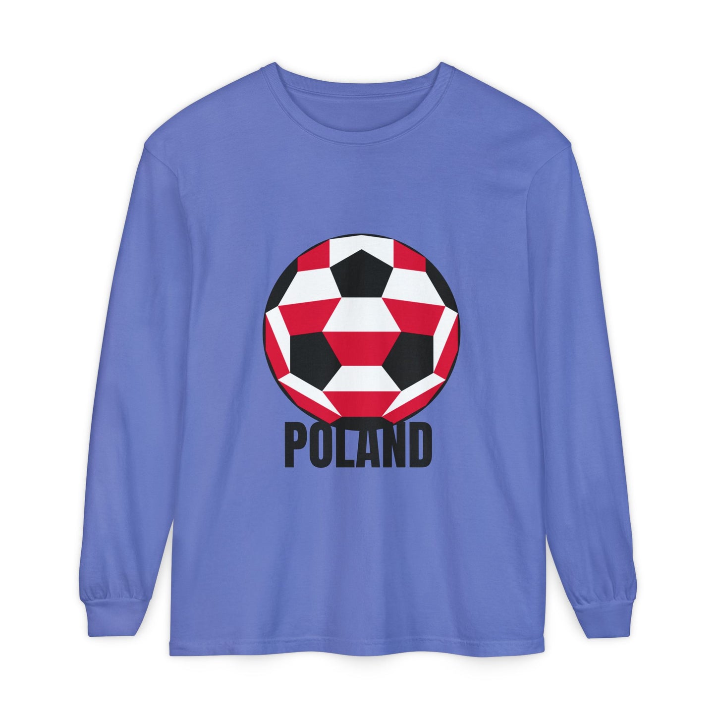 Poland Fan Specialty Soccer Ball Design T Shirt Long Sleeve Shirt Black Text