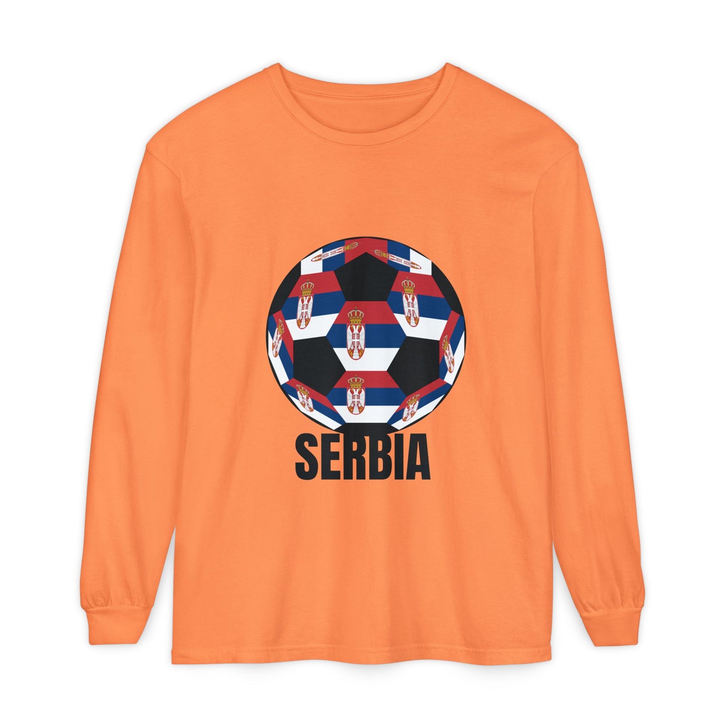 Serbia Fan Specialty Soccer Ball Design T Shirt Long Sleeve Tee Black Print