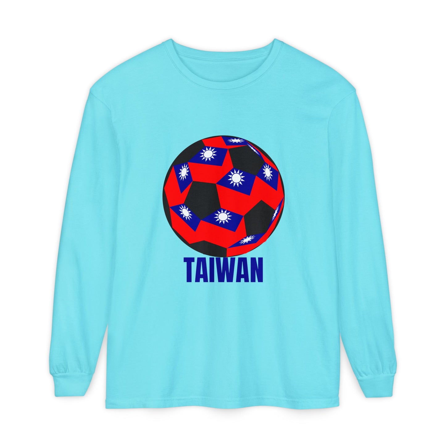 Taiwan Flag Design Soccer Ball Long Sleeve Tee Blue Text