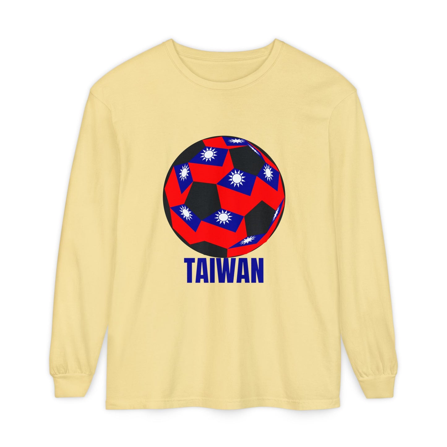 Taiwan Flag Design Soccer Ball Long Sleeve Tee Blue Text