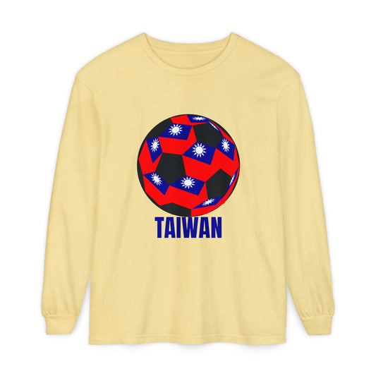 Taiwan Flag Design Soccer Ball Long Sleeve Tee Blue Text